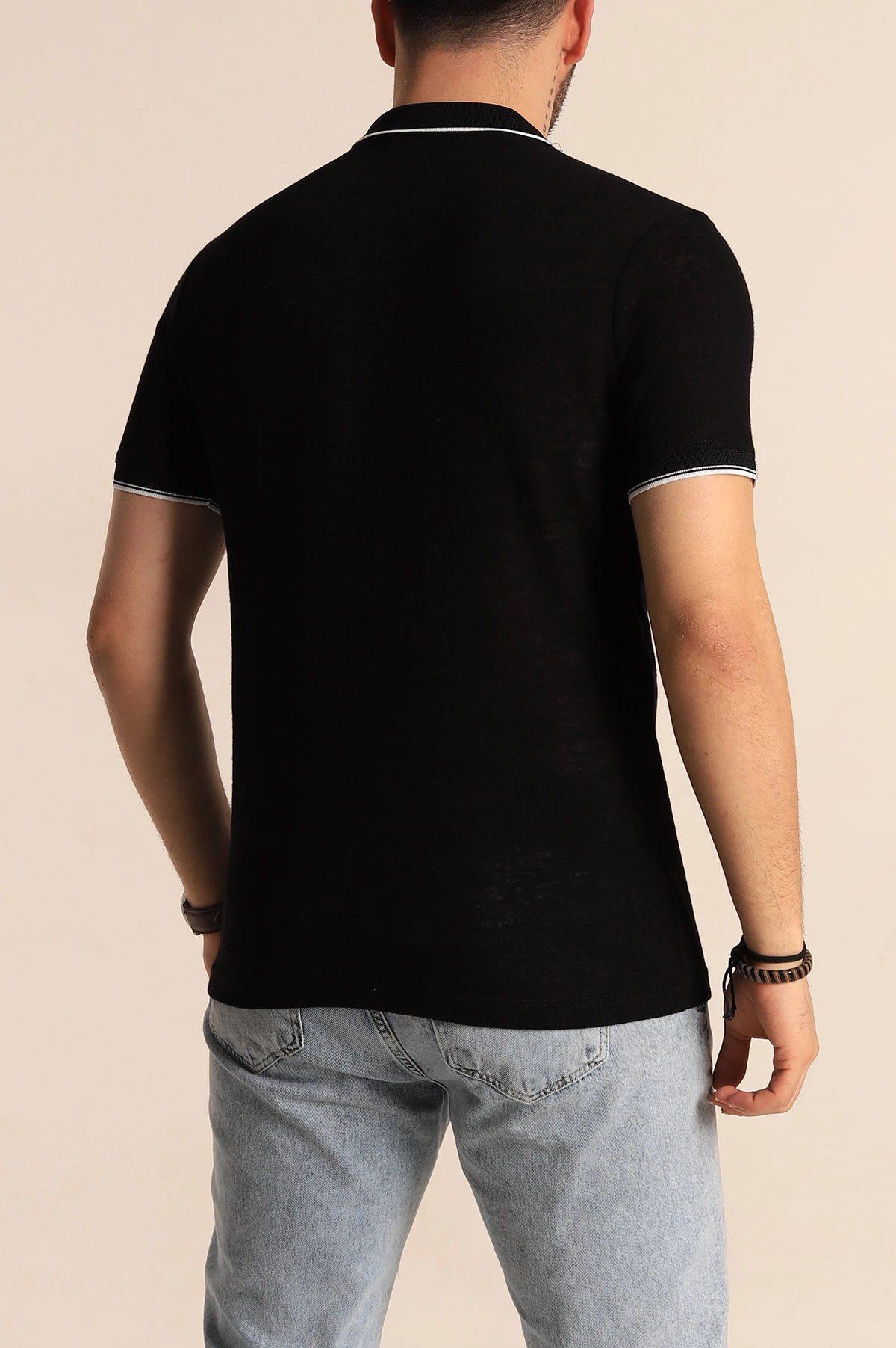 Siyah Regular Fit Jakarlı Polo Yaka Triko Tişört 263231