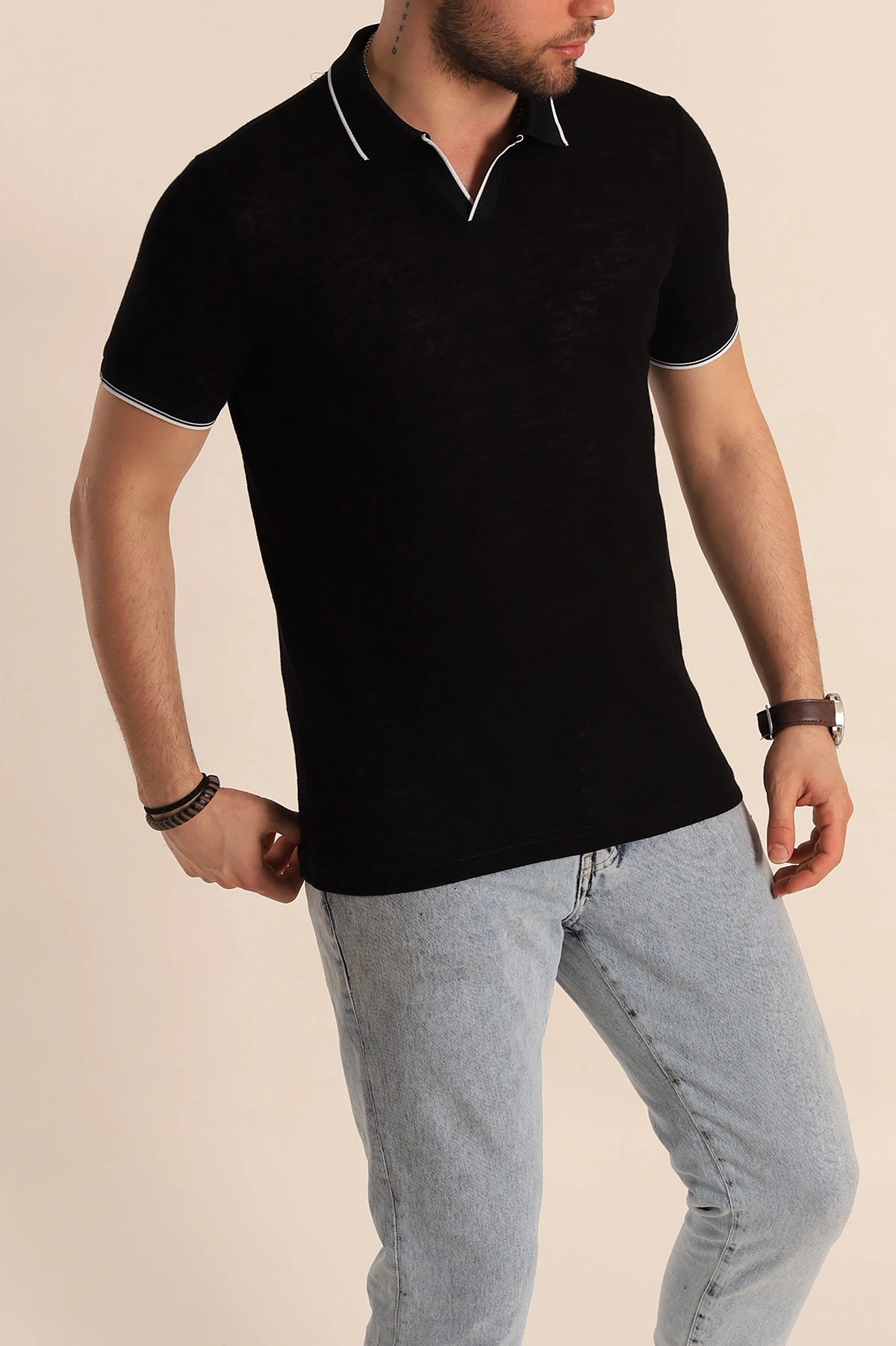 Siyah Regular Fit Jakarlı Polo Yaka Triko Tişört 263231