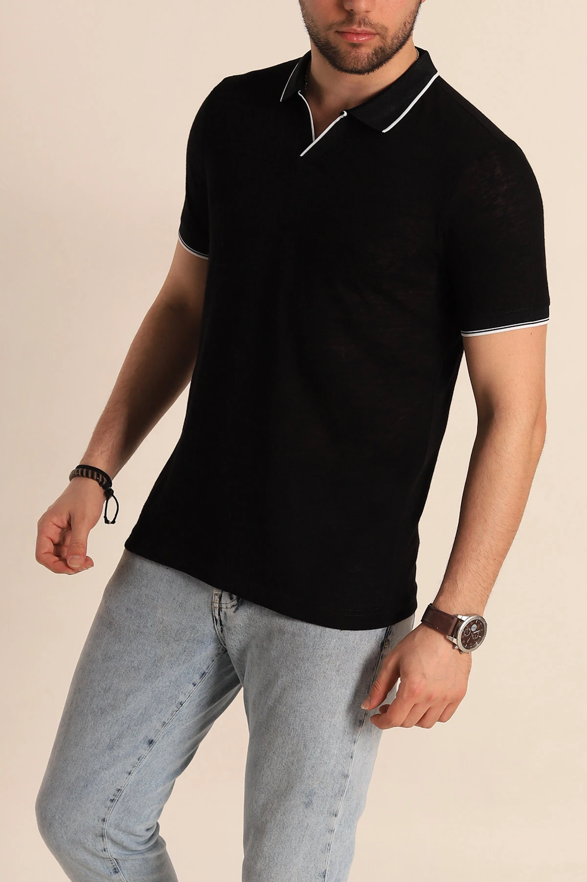 Siyah Regular Fit Jakarlı Polo Yaka Triko Tişört 263231