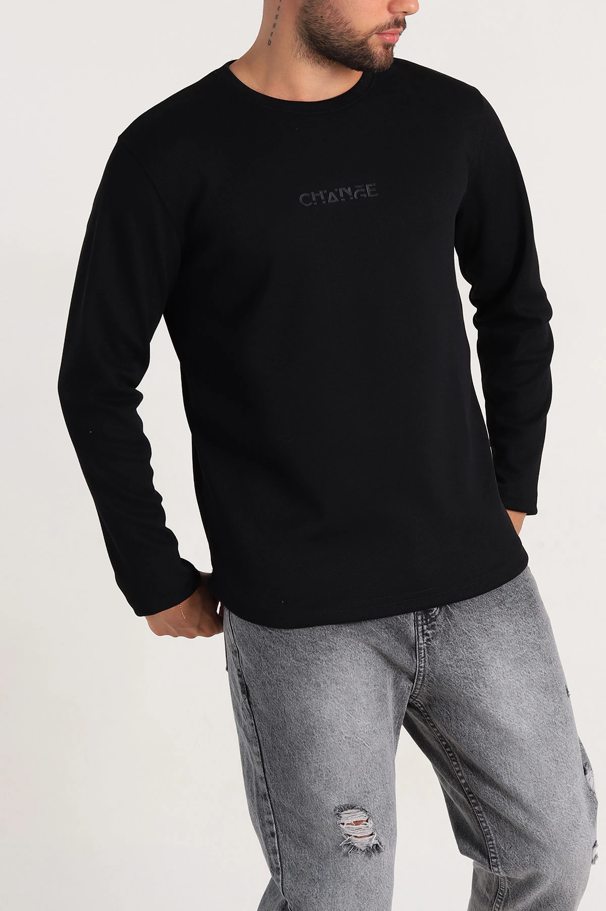 Siyah Regular Fit Kabartma Baskılı Erkek Sweatshirt 303418