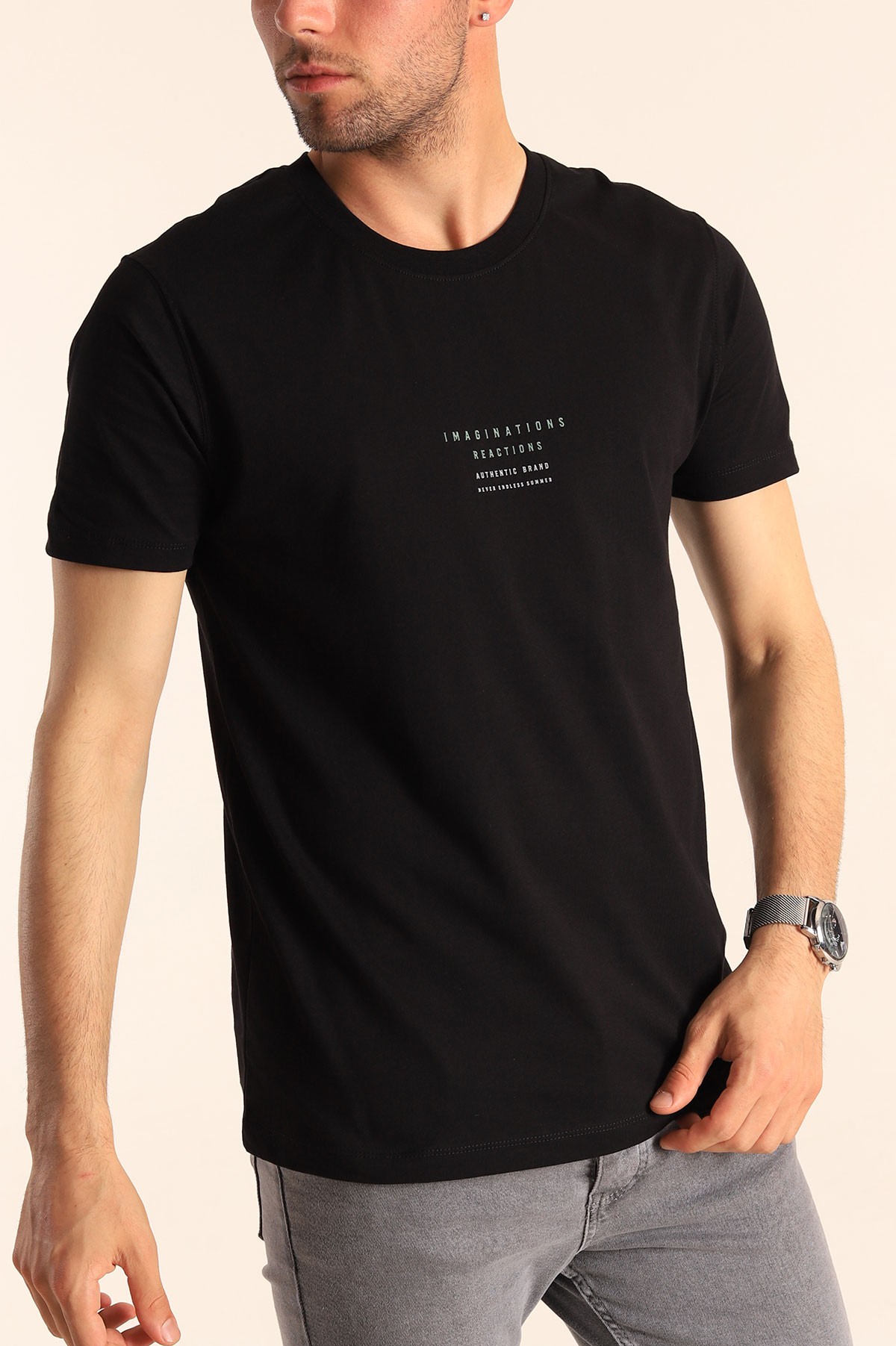 Siyah Regular Fit Kabartma Yazı Detay Erkek Tişört 182226