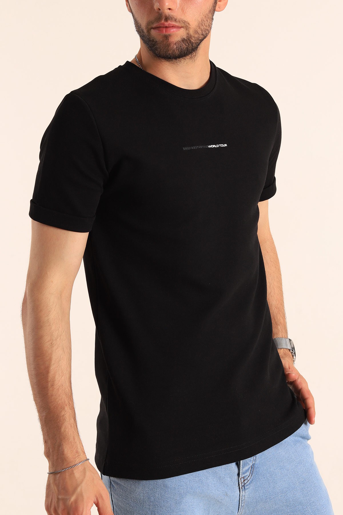 Siyah Regular Fit Kabartma Yazılı Erkek Tişört 187542