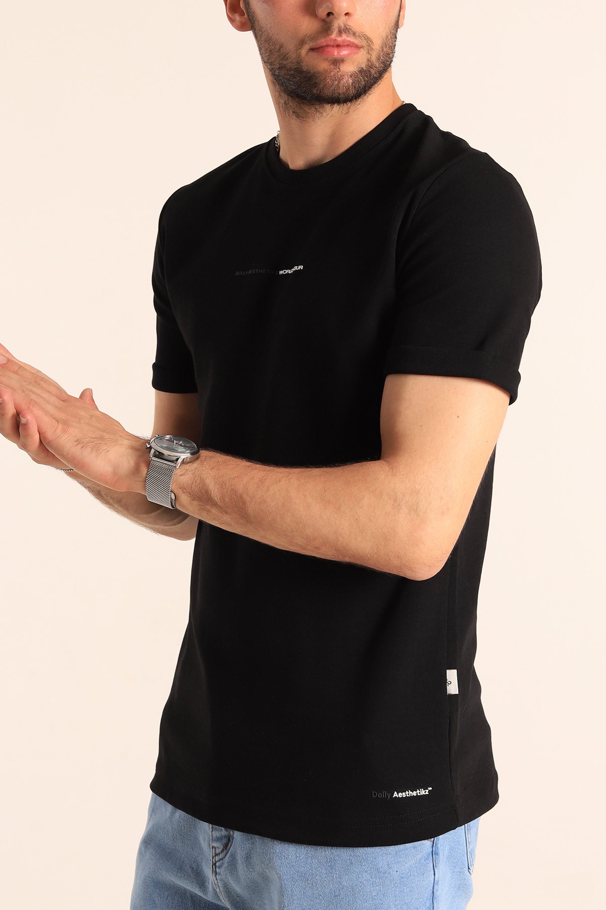 Siyah Regular Fit Kabartma Yazılı Erkek Tişört 187542