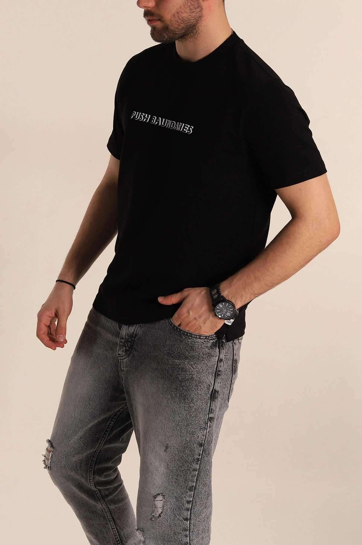 Siyah Regular Fit Kabartma Yazılı Erkek Tişört 268123