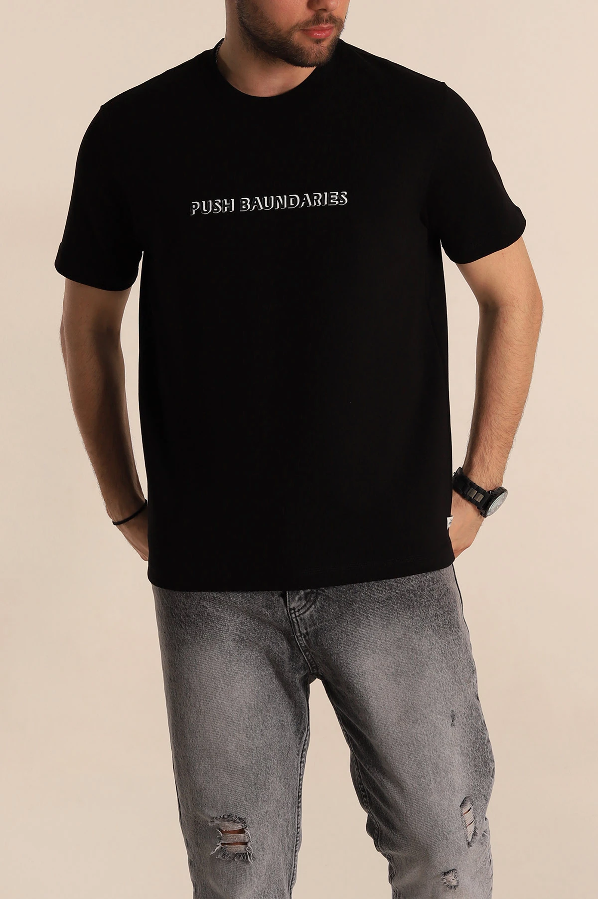 Siyah Regular Fit Kabartma Yazılı Erkek Tişört 268123
