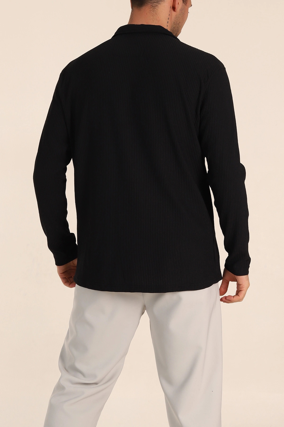 Siyah Regular Fit Kalın Fitilli Doku Erkek Gömlek 352013
