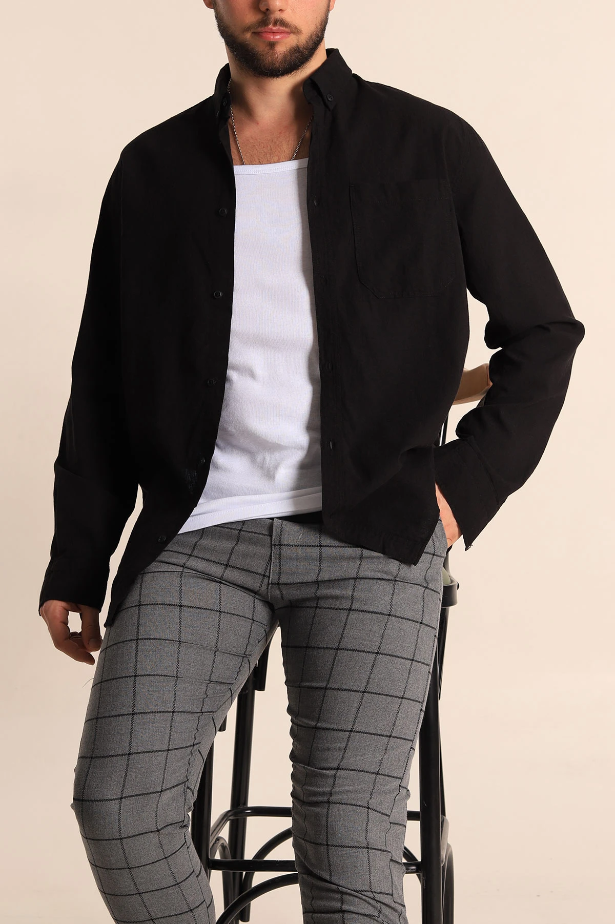 Siyah Regular Fit Keten Tek Cep Detaylı Uzun Kollu Erkek Gömlek 244750