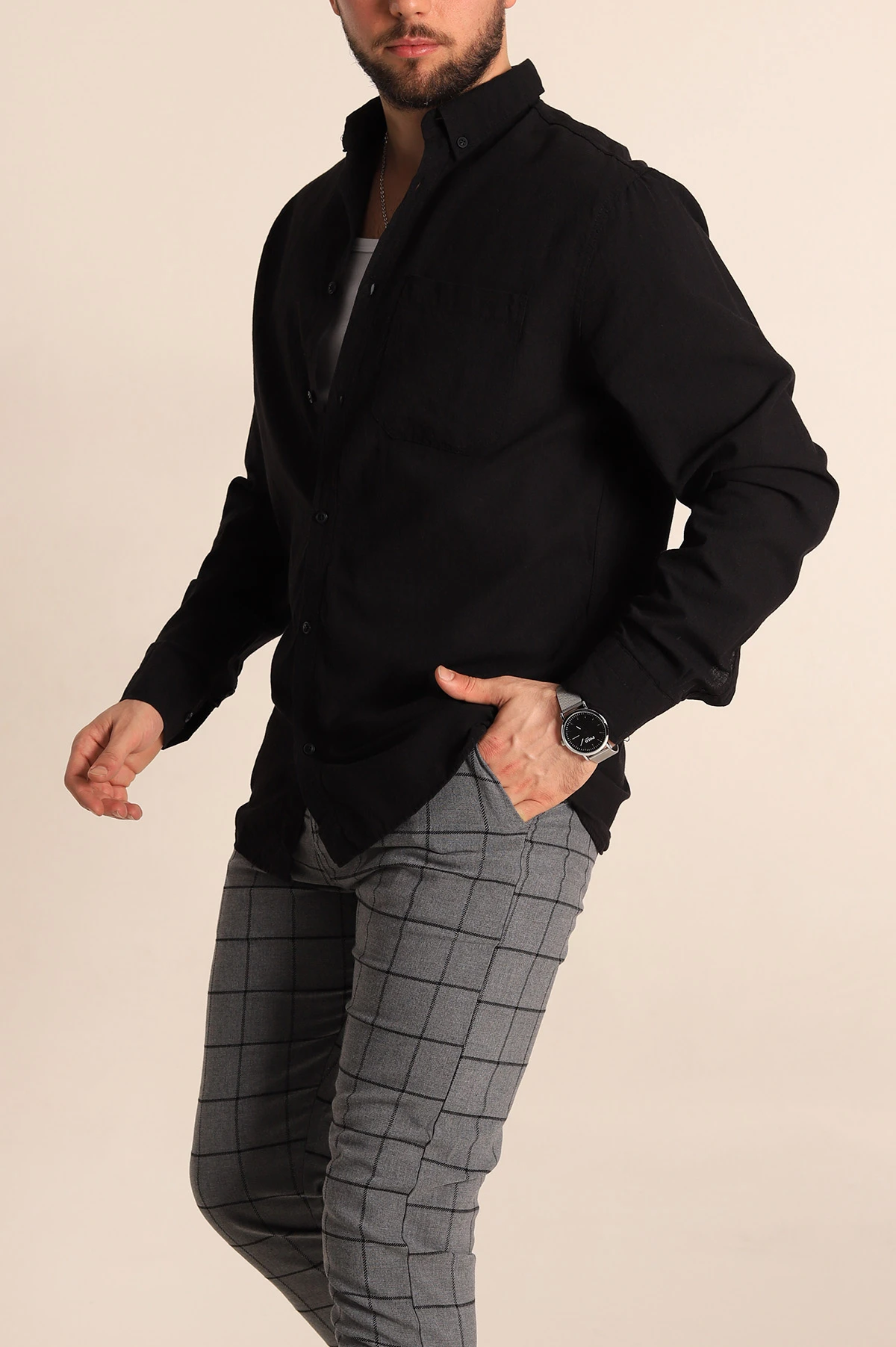Siyah Regular Fit Keten Tek Cep Detaylı Uzun Kollu Erkek Gömlek 244750