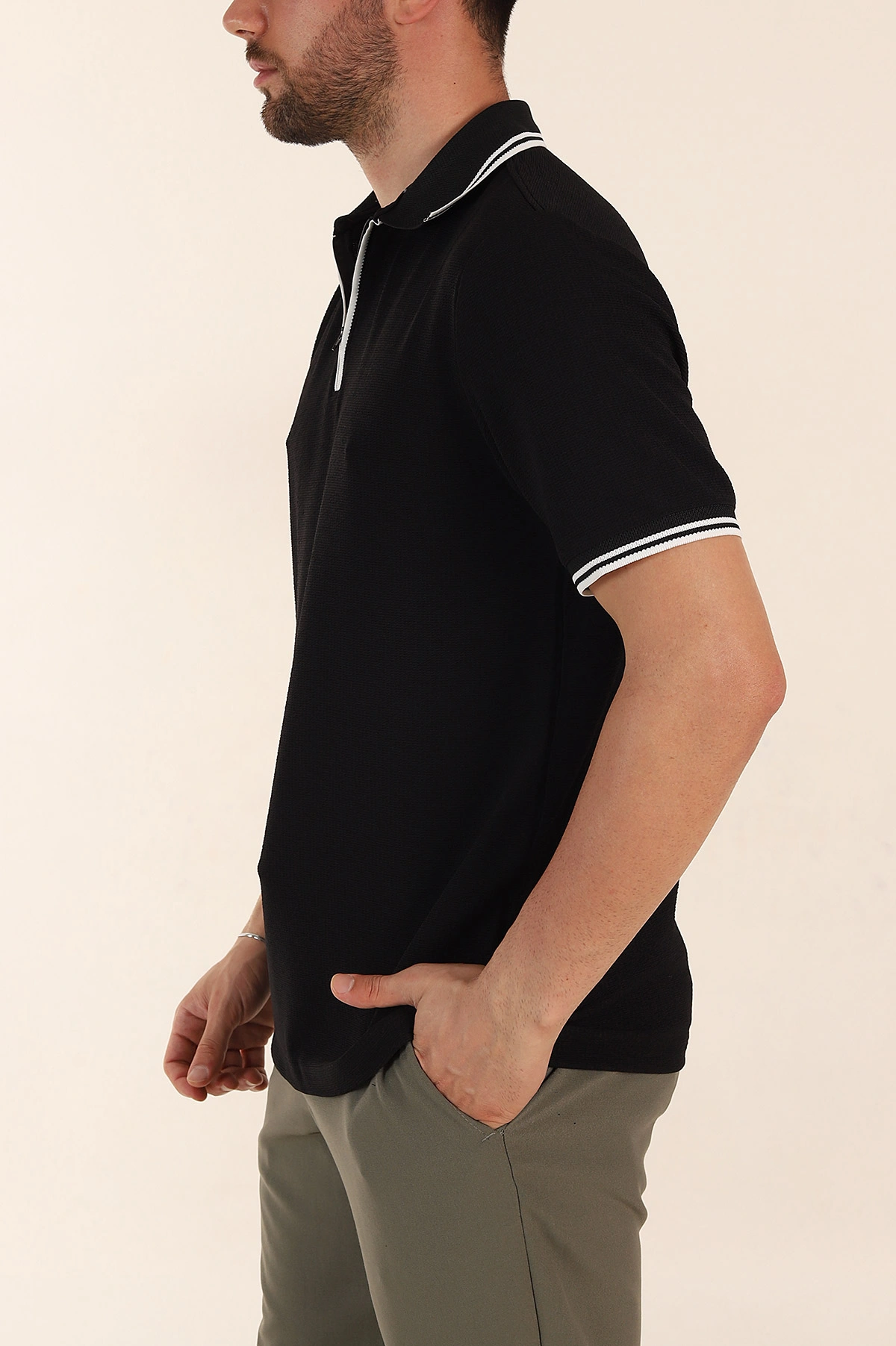 Siyah Regular Fit Likralı Çizgili Polo Yaka Erkek Tişört 368729