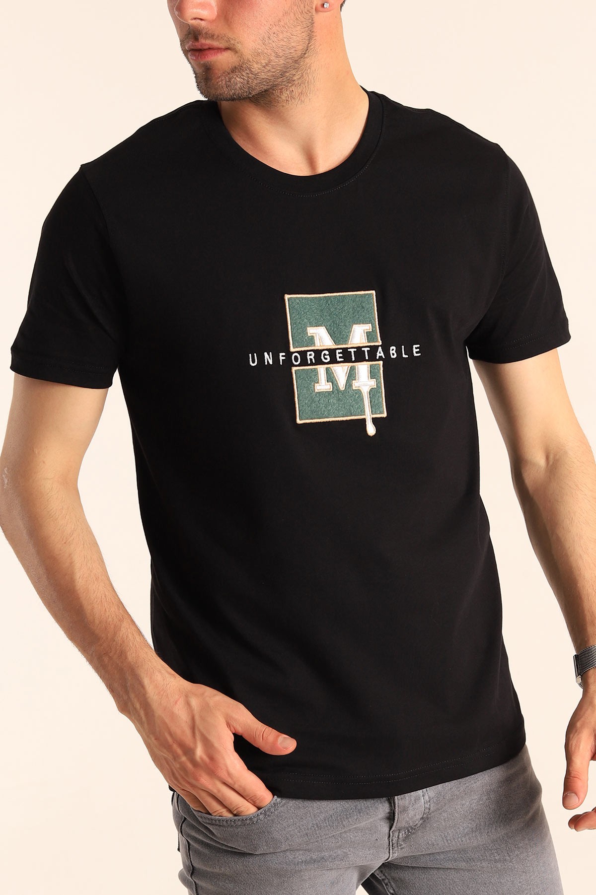 Siyah Regular Fit Logo Detay Erkek Tişört 182200