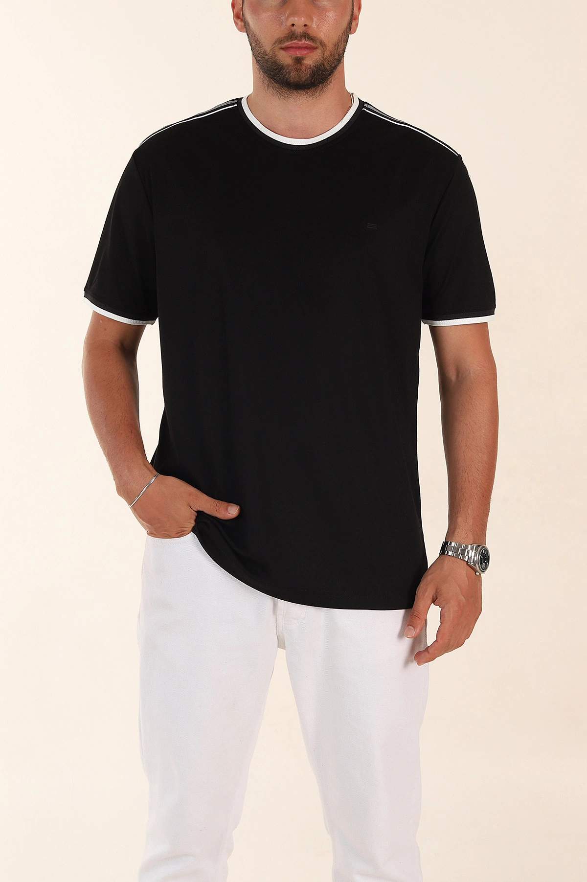 Siyah Regular Fit Omuz Şerit Detaylı Erkek Tişört 372087