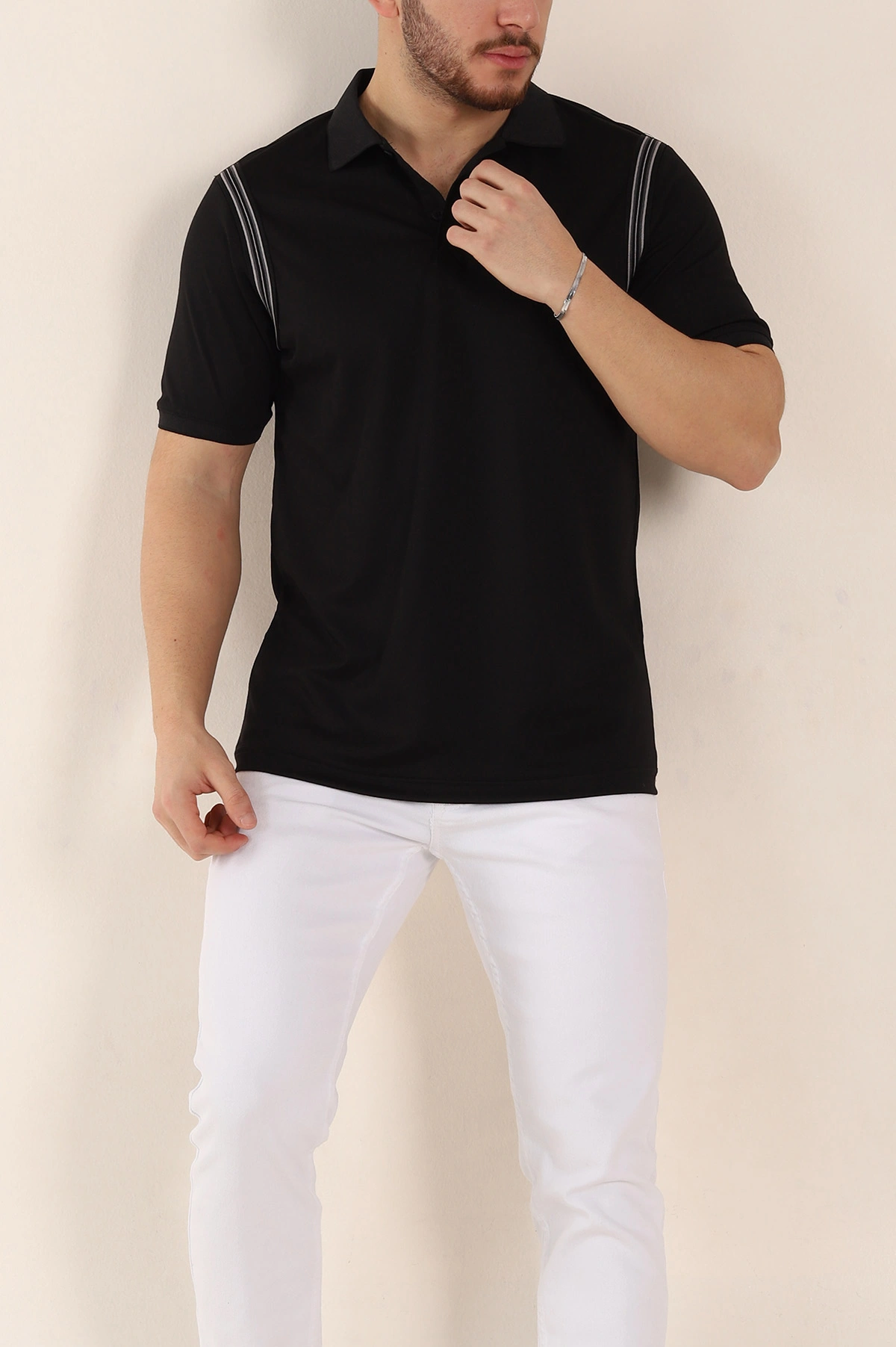 Siyah Regular Fit Omuz Şerit Detaylı Polo Yaka Erkek Tişört 338460