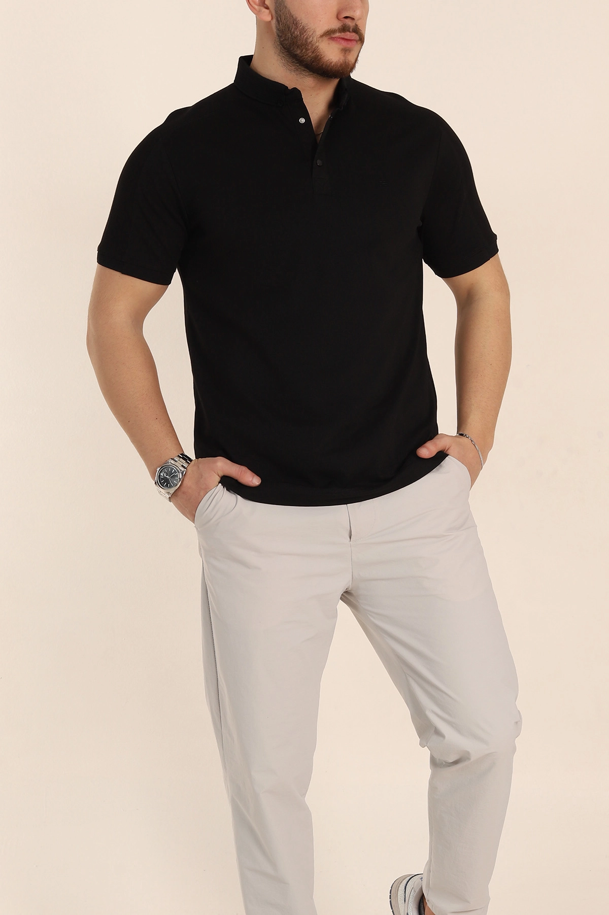 Siyah Regular Fit Parçalı Polo Yaka Erkek Tişört 346725