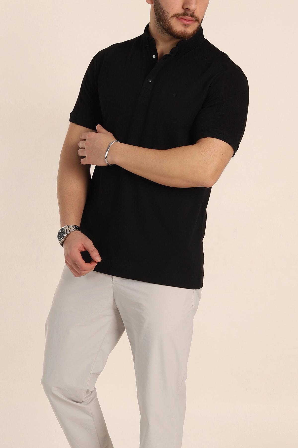 Siyah Regular Fit Parçalı Polo Yaka Erkek Tişört 346725