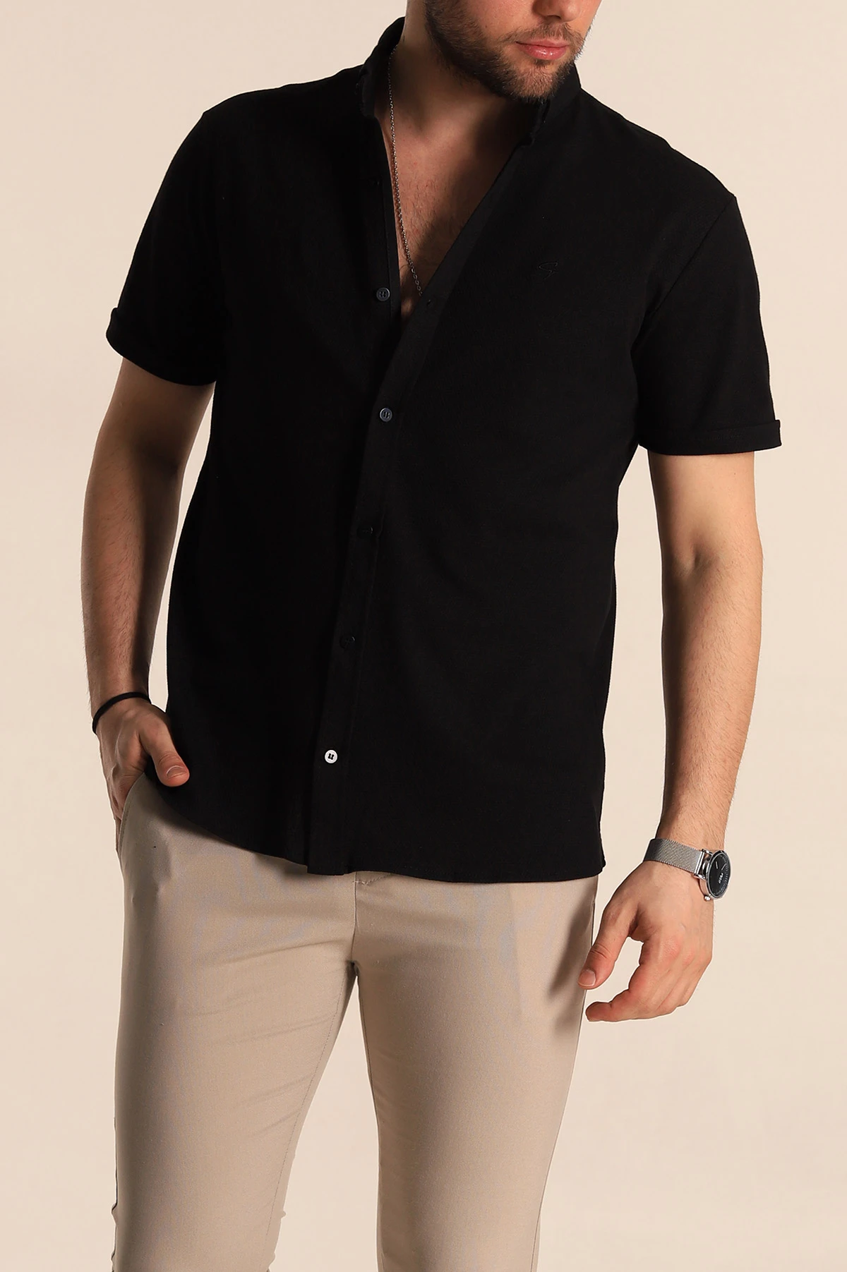Siyah Regular Fit Petek Dokulu Kısa Kollu Erkek Gömlek 263714