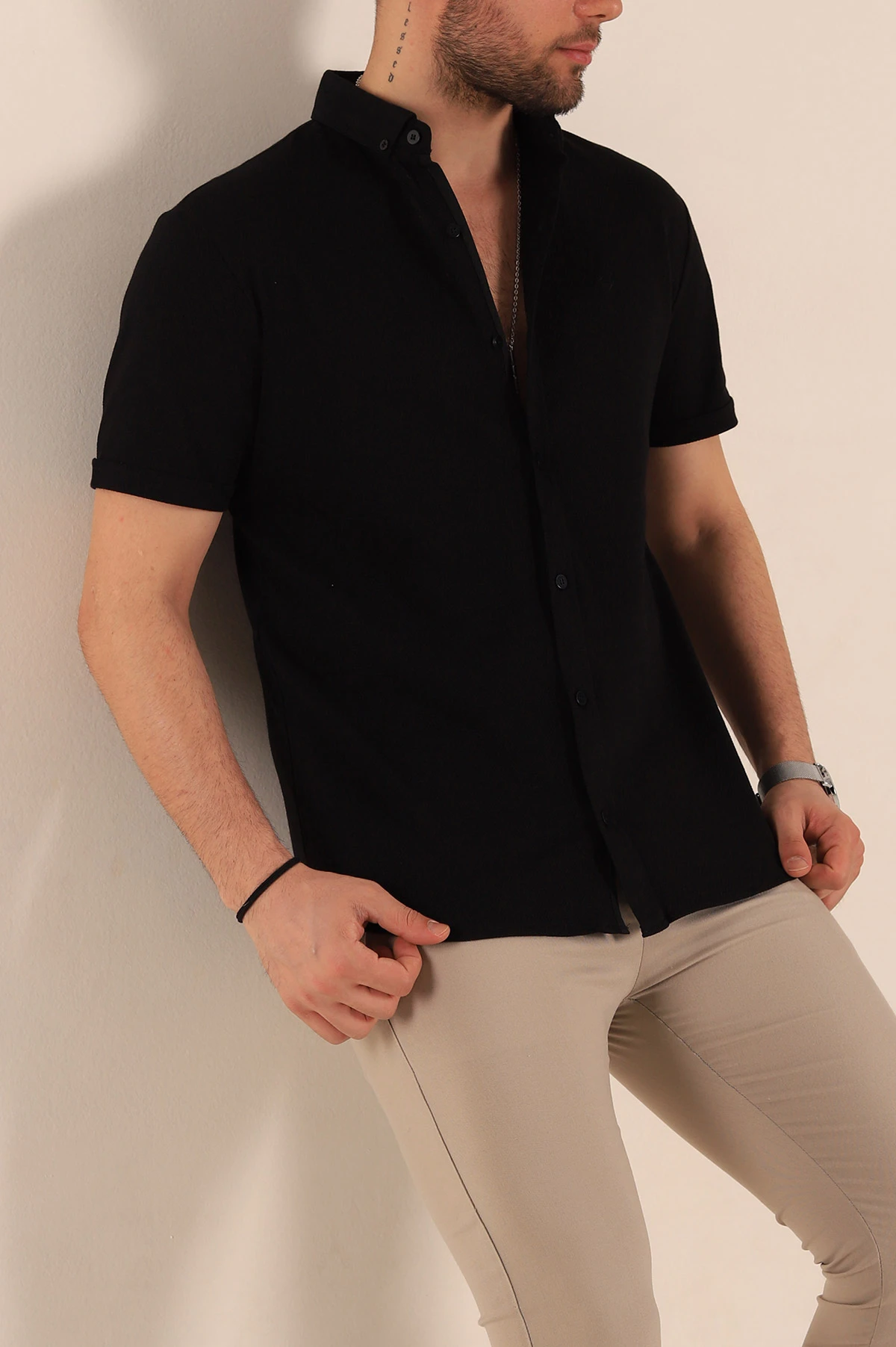 Siyah Regular Fit Petek Dokulu Kısa Kollu Erkek Gömlek 263714