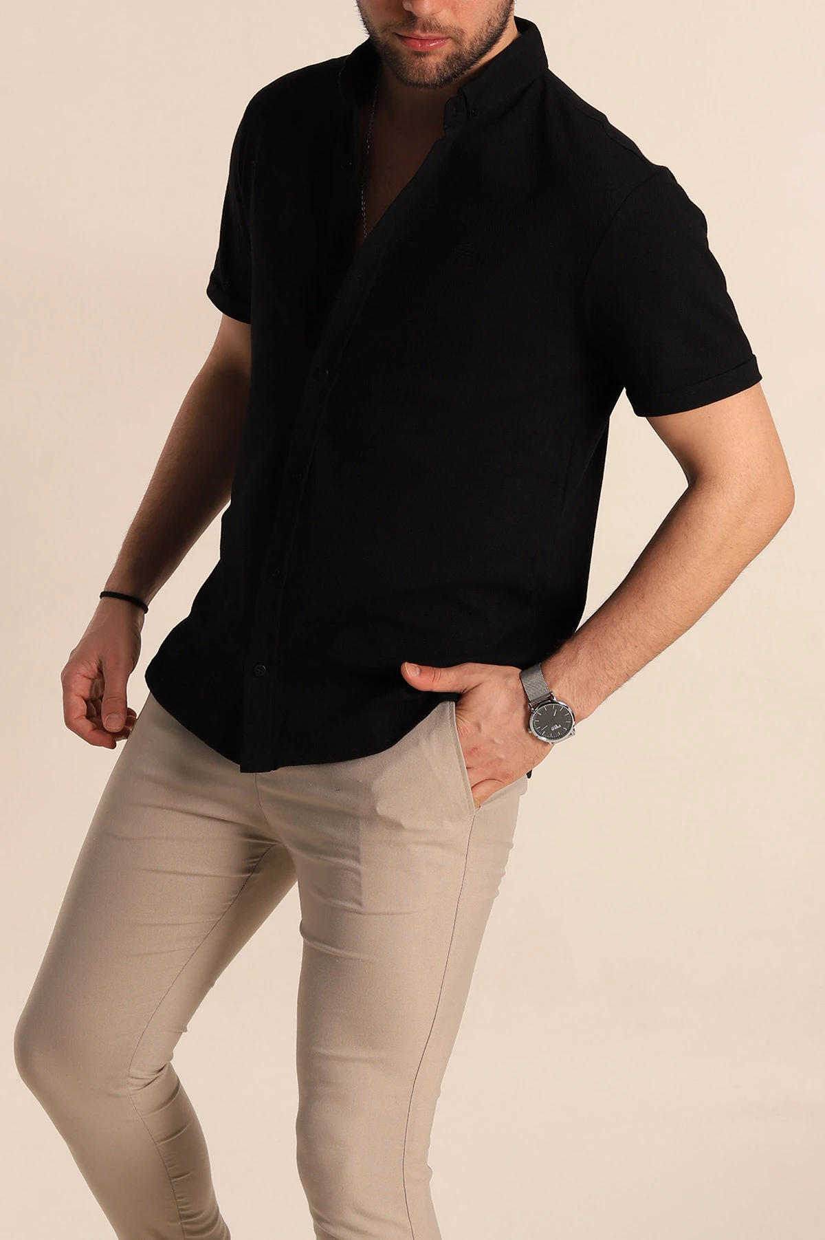 Siyah Regular Fit Petek Dokulu Kısa Kollu Erkek Gömlek 263714