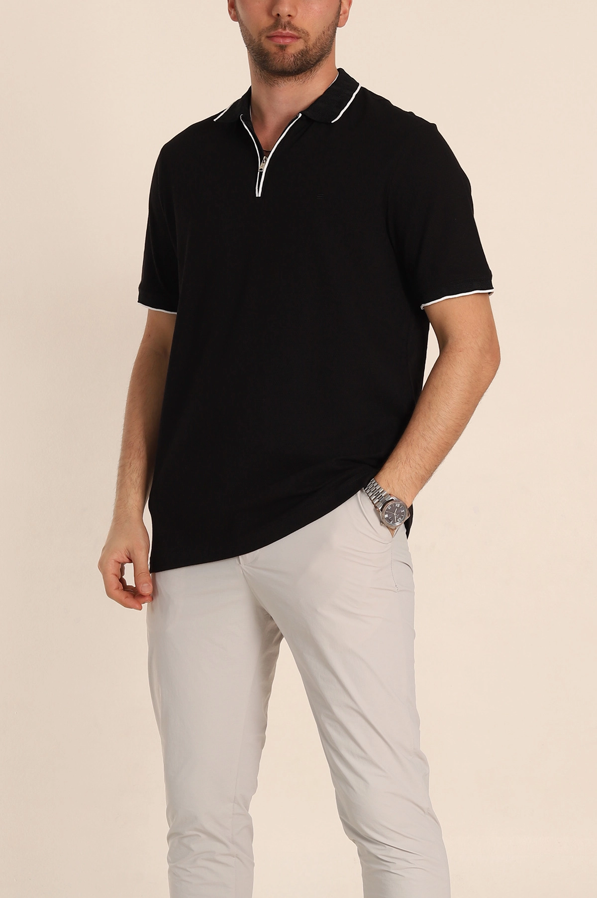 Siyah Regular Fit Petek Dokulu Polo Yaka Erkek Tişört 349894