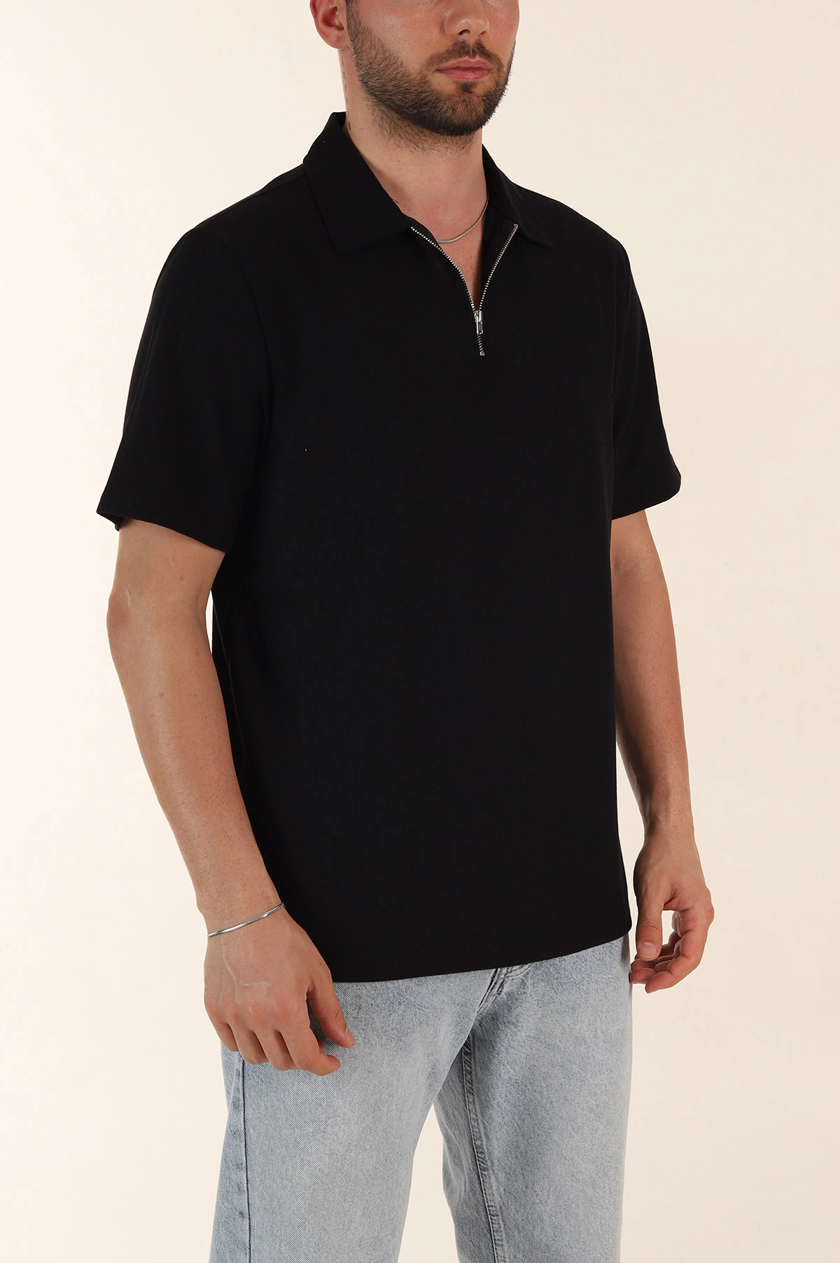 Siyah Regular Fit Pike Dokulu Fermuarlı Polo Yaka Erkek Tişört 368528