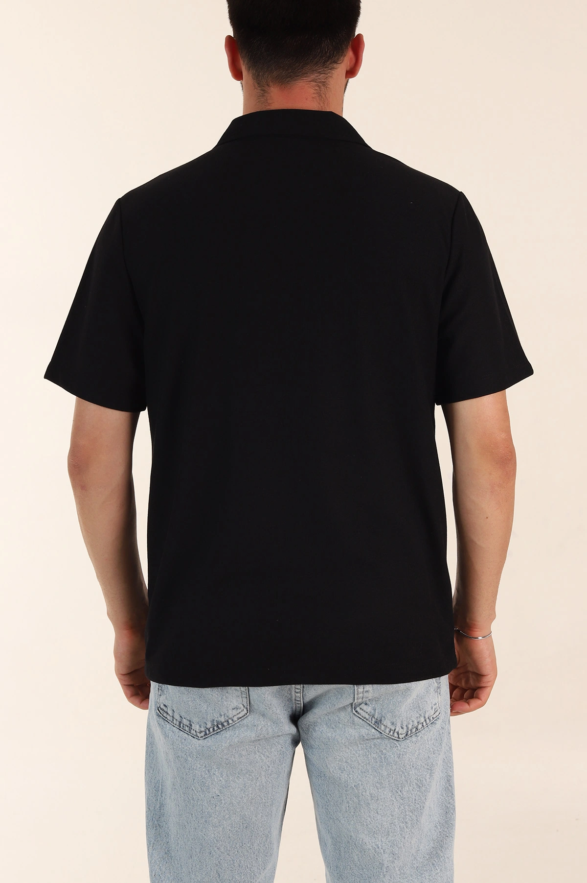 Siyah Regular Fit Pike Dokulu Fermuarlı Polo Yaka Erkek Tişört 368528