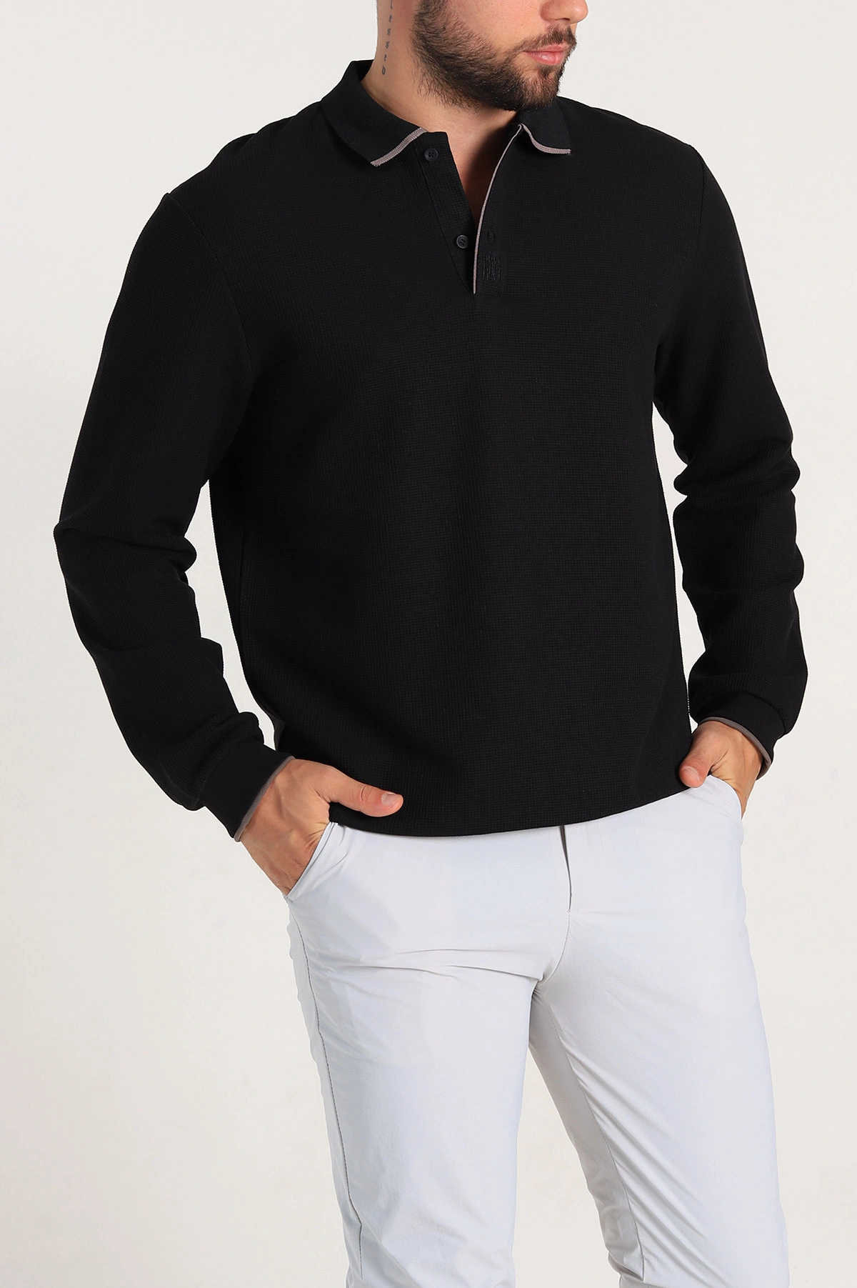 Siyah Regular Fit Pike Dokulu Polo Yaka Sweatshirt 305442