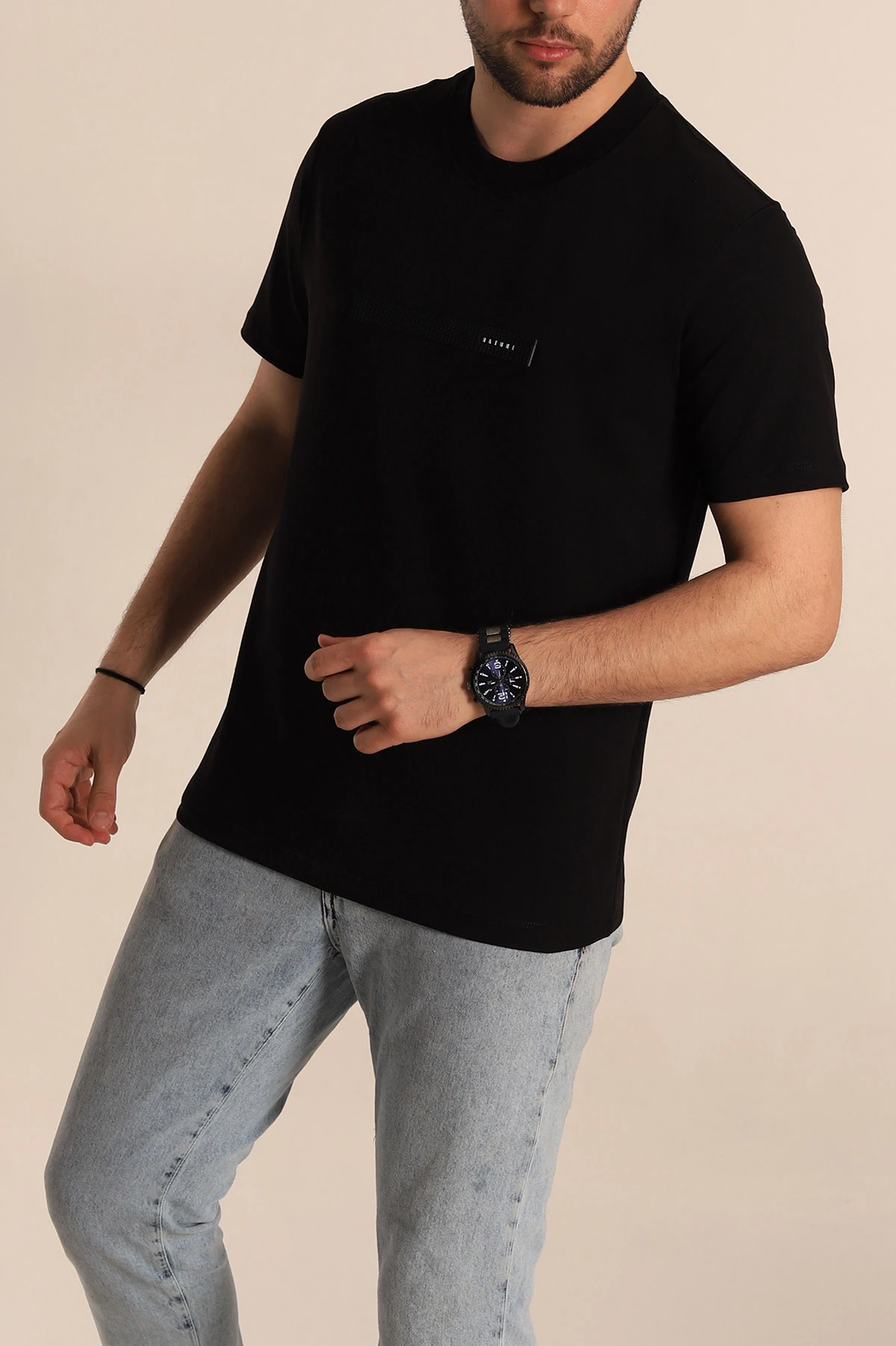 Siyah Regular Fit Plastik Baskı Detaylı Erkek Tişört 268110