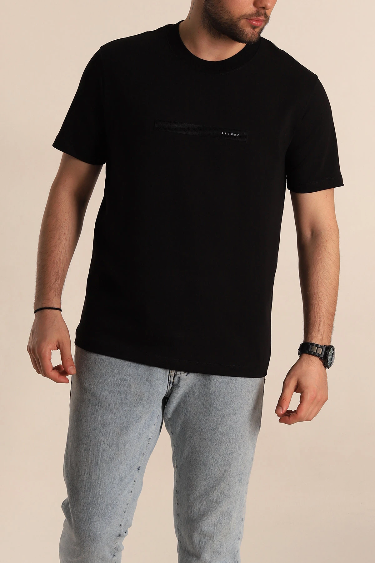 Siyah Regular Fit Plastik Baskı Detaylı Erkek Tişört 268110