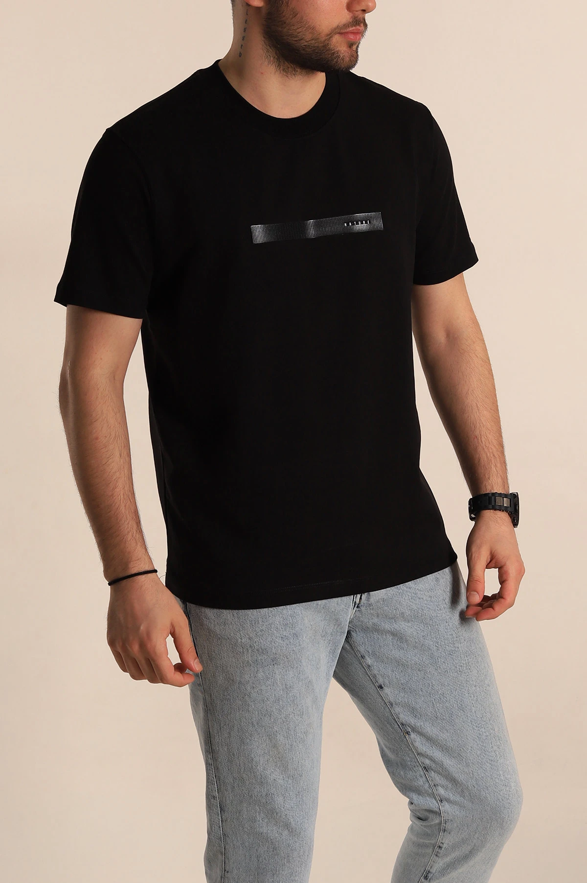 Siyah Regular Fit Plastik Baskı Detaylı Erkek Tişört 268110