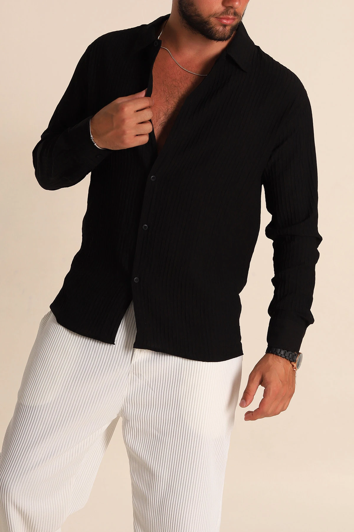 Siyah Regular Fit Plise Dokulu Erkek Gömlek 283873