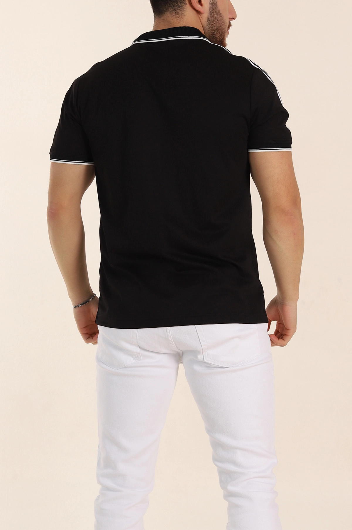 Siyah Regular Fit Şerit Detaylı Polo Yaka Erkek Tişört 338446