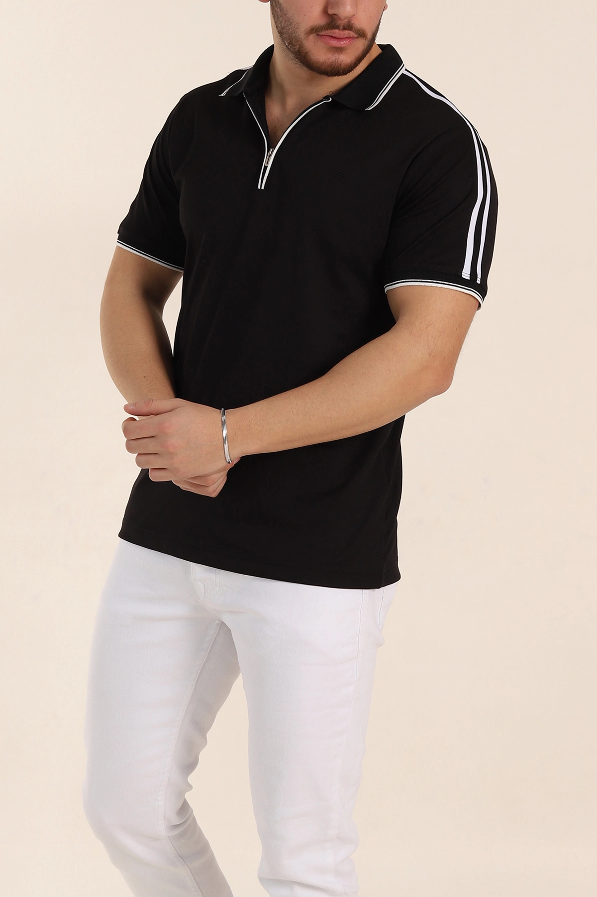 Siyah Regular Fit Şerit Detaylı Polo Yaka Erkek Tişört 338446