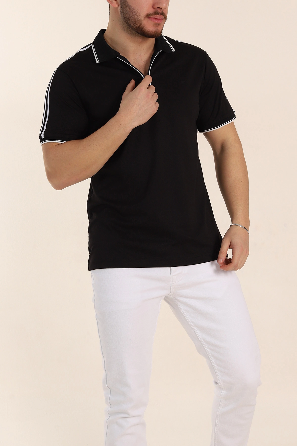 Siyah Regular Fit Şerit Detaylı Polo Yaka Erkek Tişört 338446