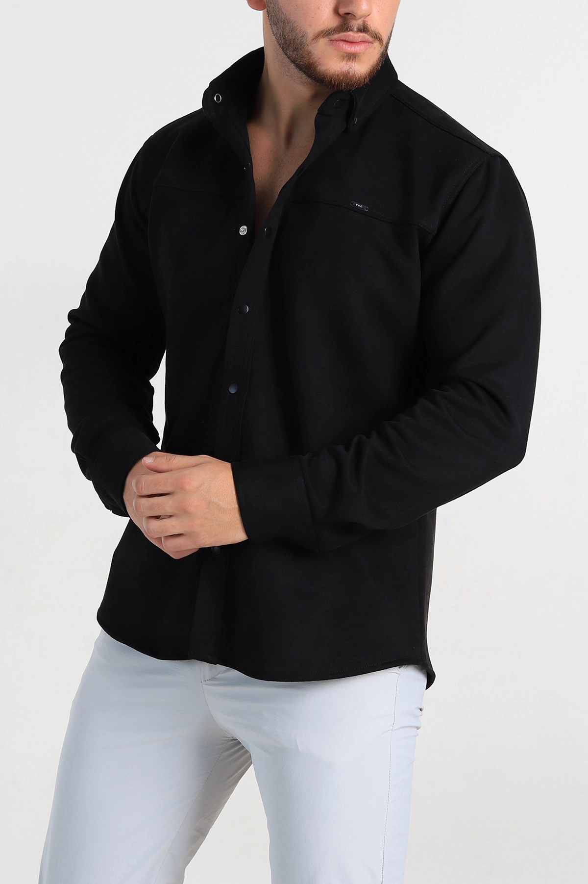 Siyah Regular Fit Süet Çıt Çıt Düğmeli Erkek Gömlek 309297