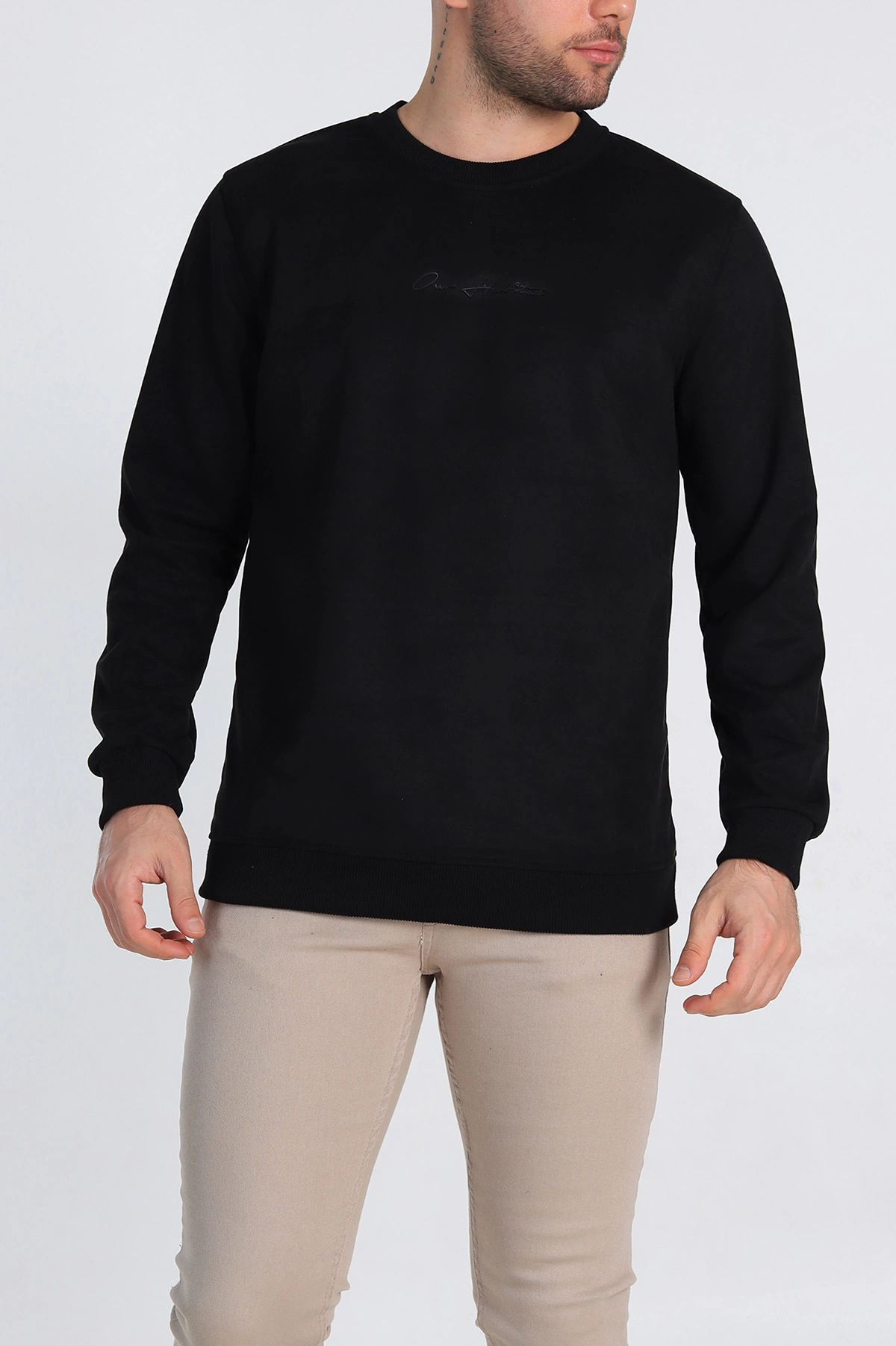 Siyah Regular Fit Süet Kabartma Yazı Detaylı Erkek Sweatshirt 305854