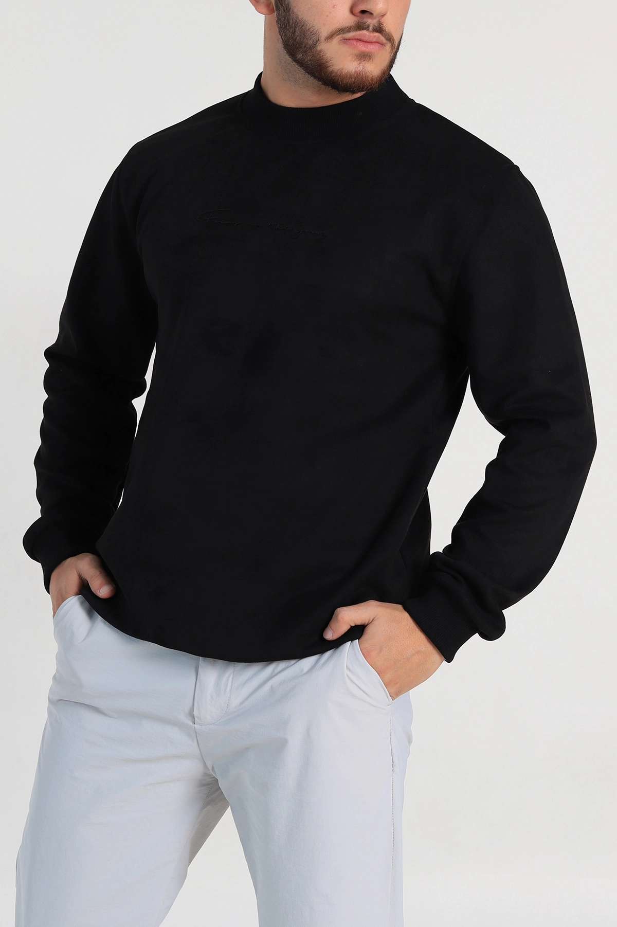 Siyah Regular Fit Süet Kabartma Yazı Detaylı Erkek Sweatshirt 305895