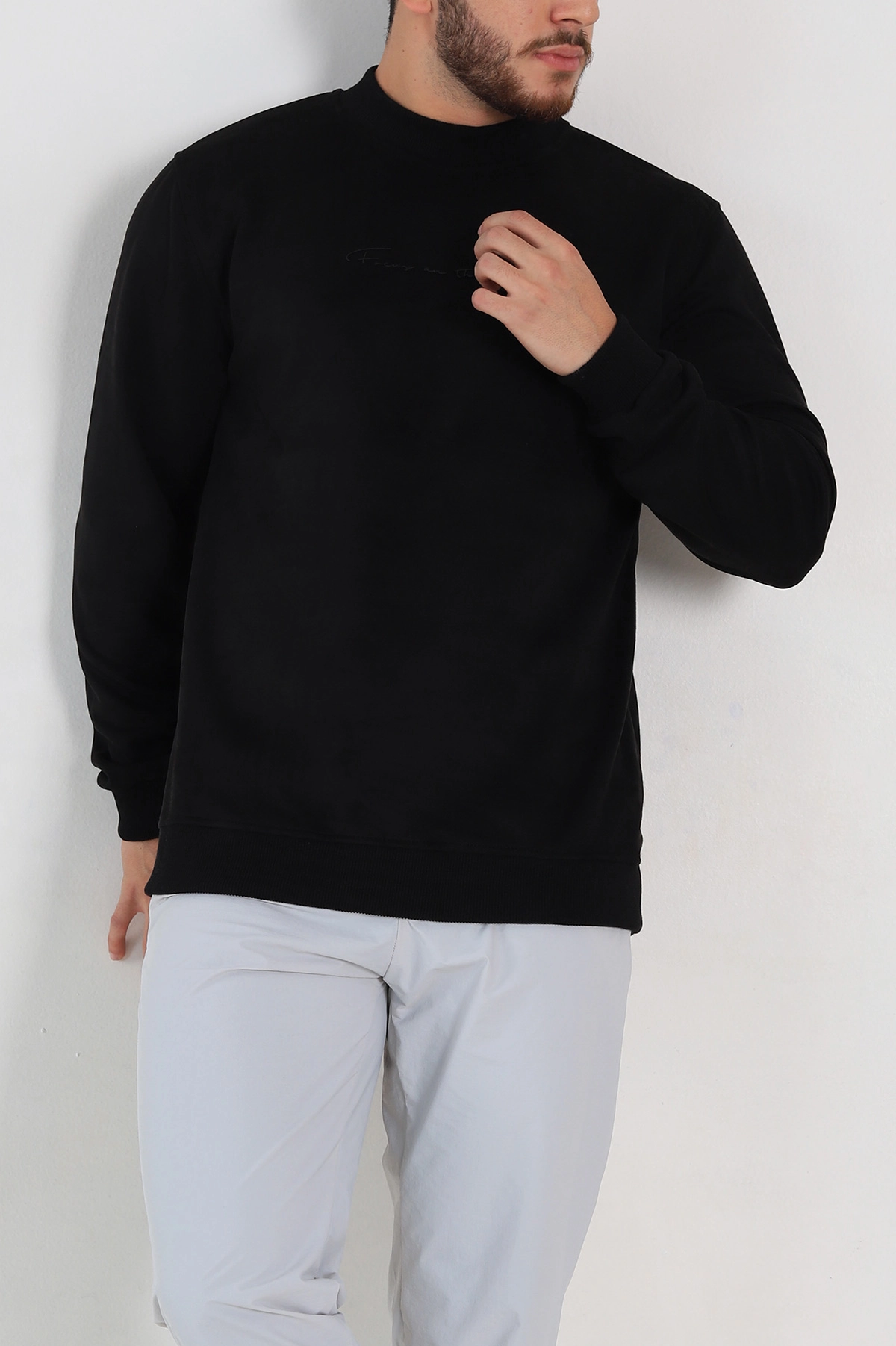 Siyah Regular Fit Süet Kabartma Yazı Detaylı Erkek Sweatshirt 305895