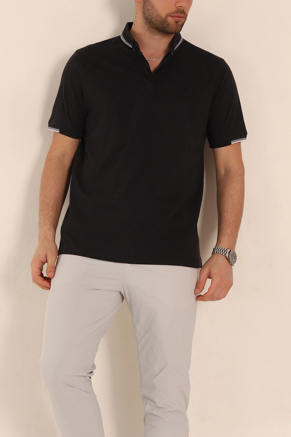 Siyah Regular Fit Süprem Kumaş Kol Detaylı Polo Yaka Erkek Tişört 349934