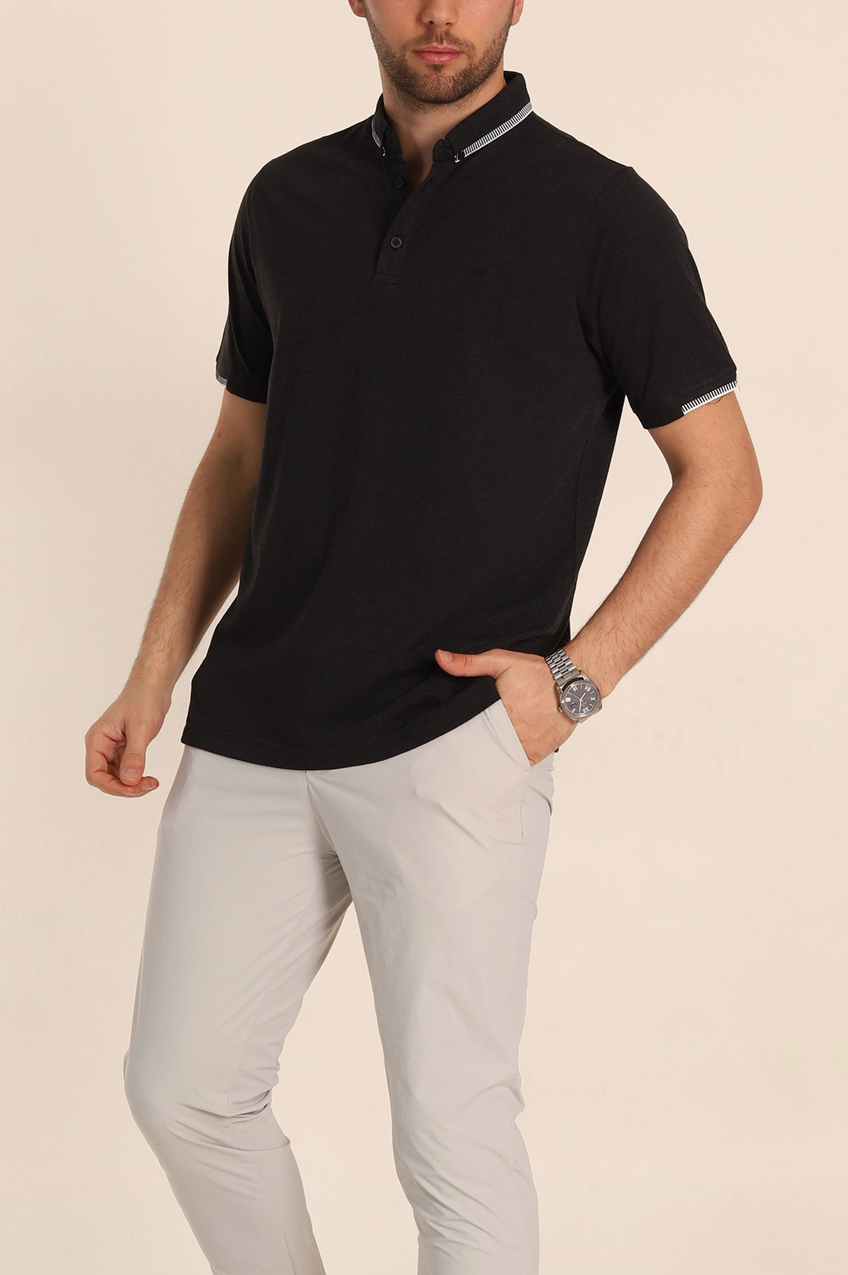 Siyah Regular Fit Süprem Kumaş Kol Detaylı Polo Yaka Erkek Tişört 349934