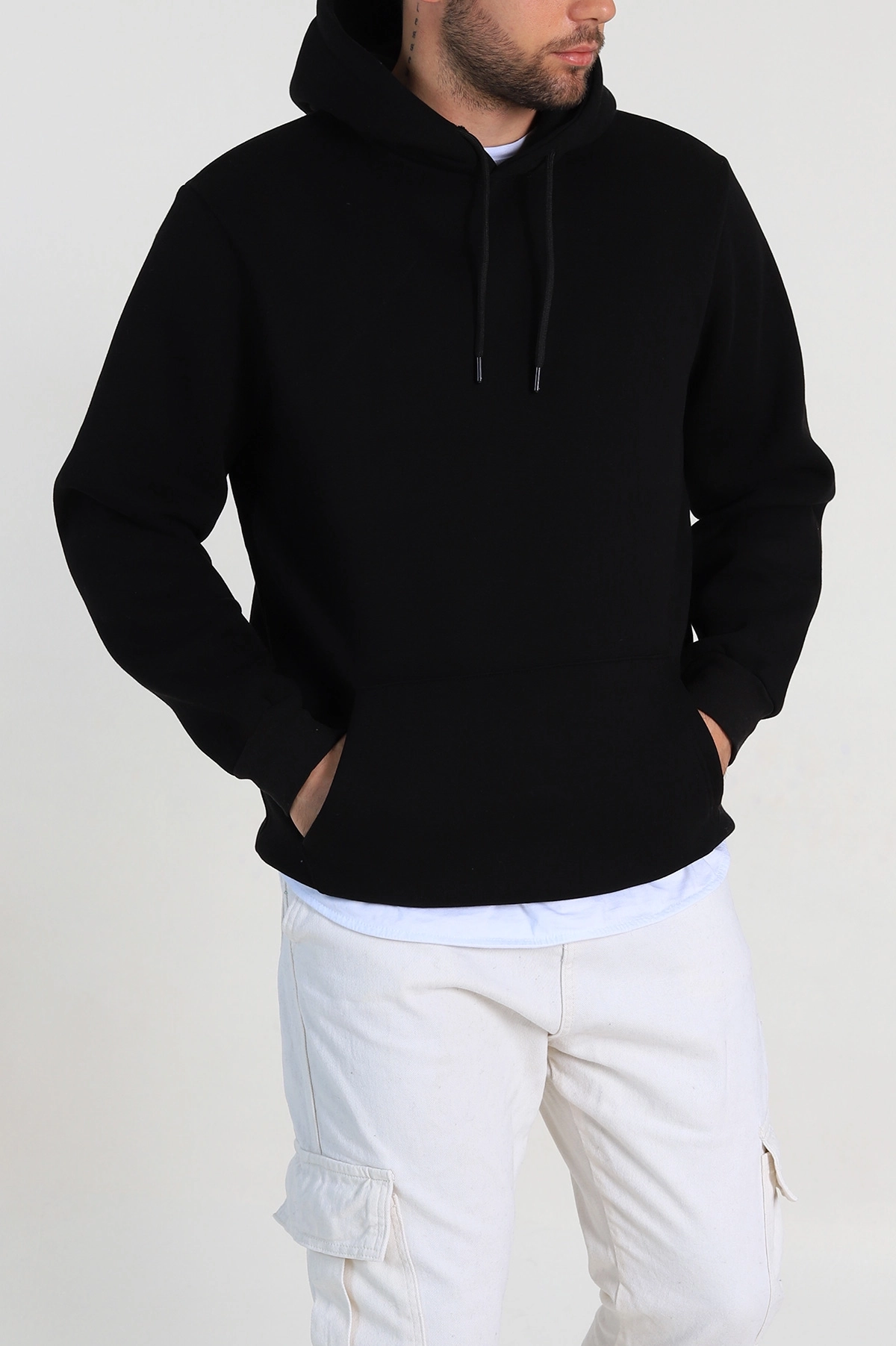 Siyah Regular Fit Üç İp Şardonlu Erkek Kapüşonlu Basic Sweatshirt 400527