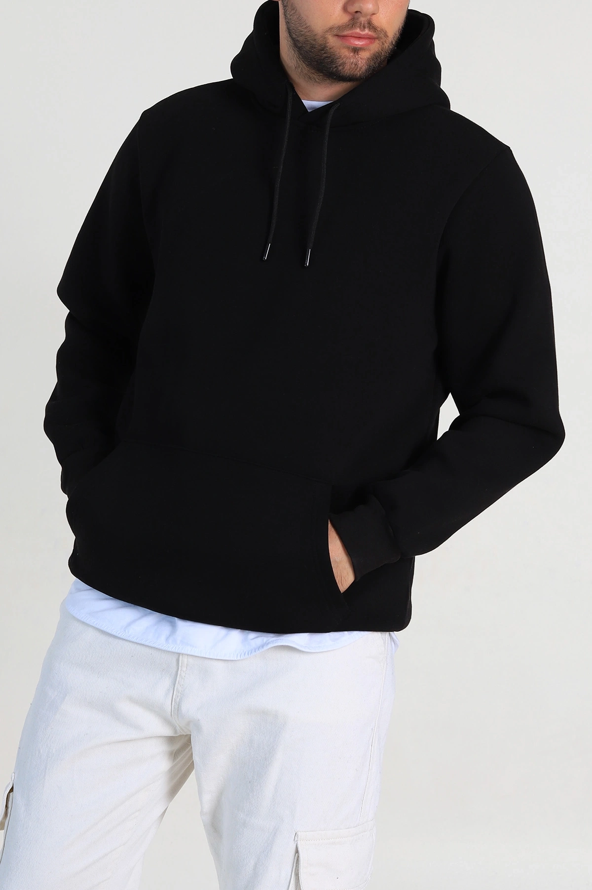 Siyah Regular Fit Üç İp Şardonlu Erkek Kapüşonlu Basic Sweatshirt 400527