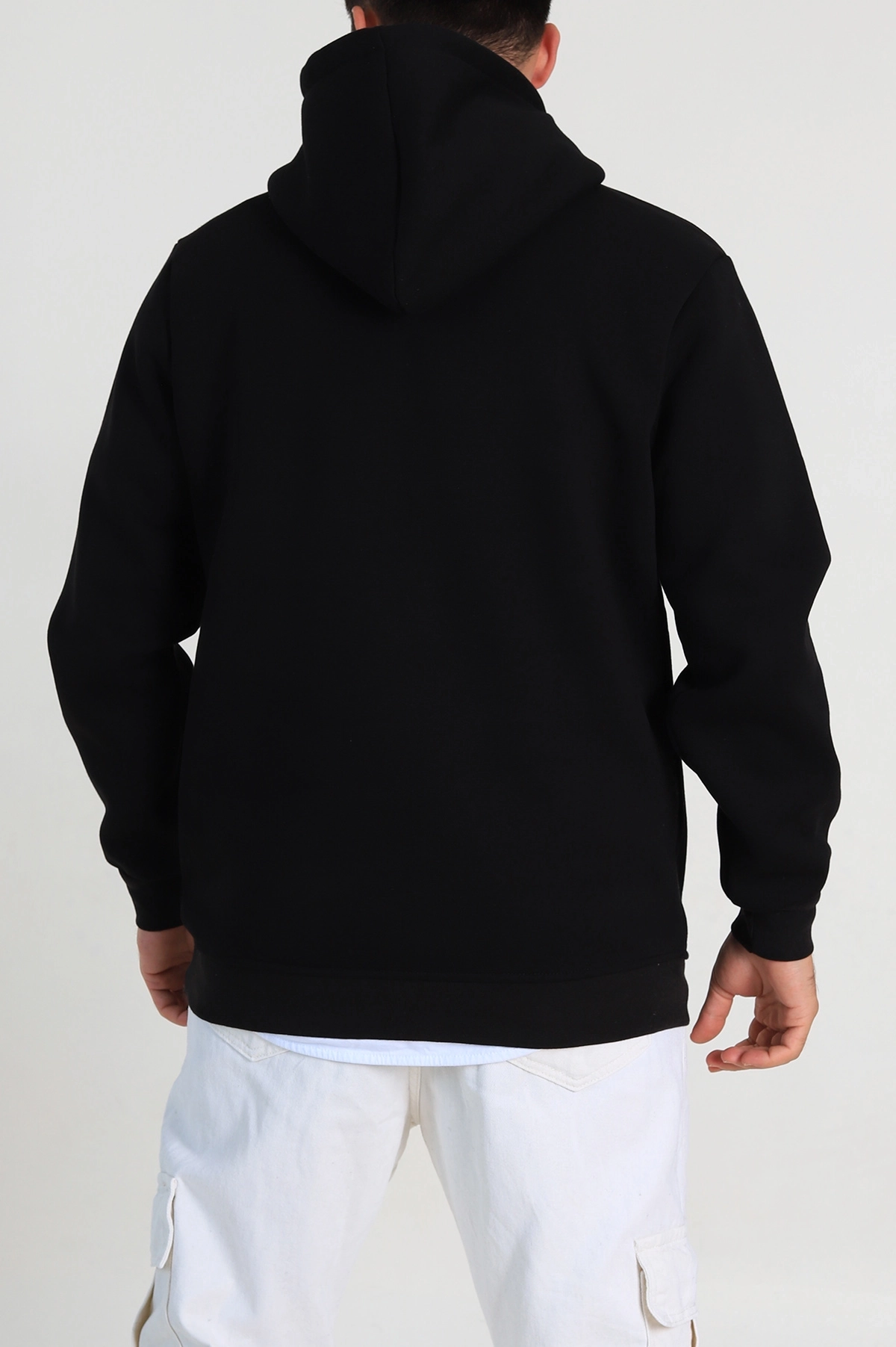 Siyah Regular Fit Üç İp Şardonlu Erkek Kapüşonlu Basic Sweatshirt 400527