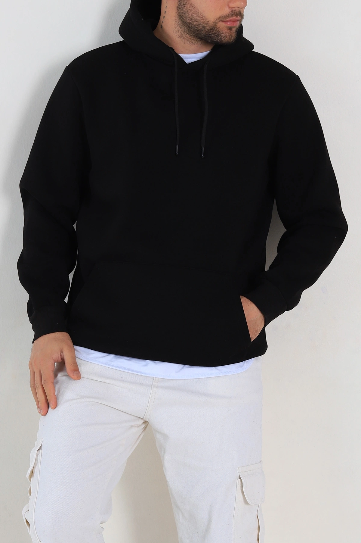 Siyah Regular Fit Üç İp Şardonlu Erkek Kapüşonlu Basic Sweatshirt 400527