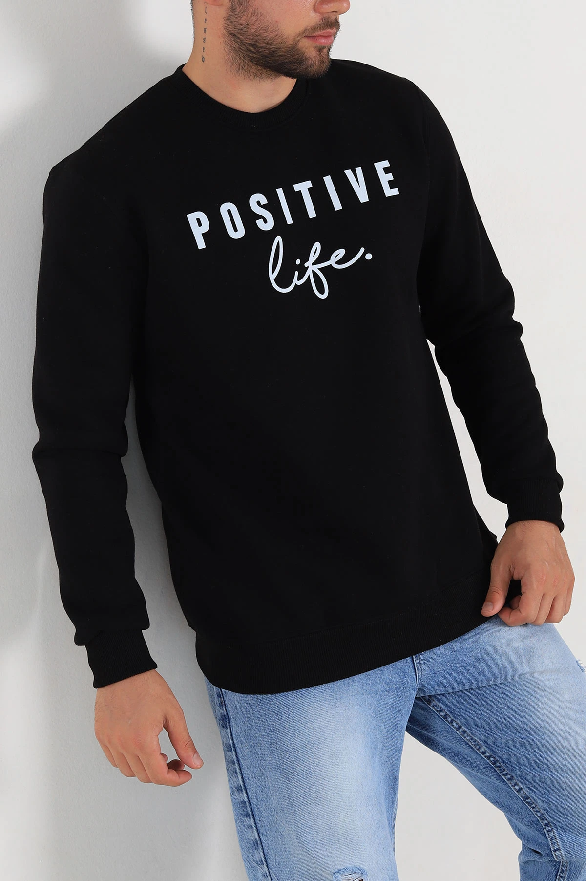 Siyah Regular Fit Üç İp Şardonlu Yazı Detay Erkek Sweatshirt 308899