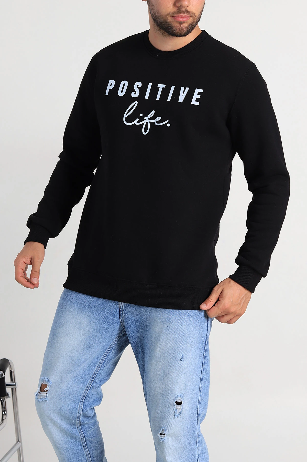 Siyah Regular Fit Üç İp Şardonlu Yazı Detay Erkek Sweatshirt 308899