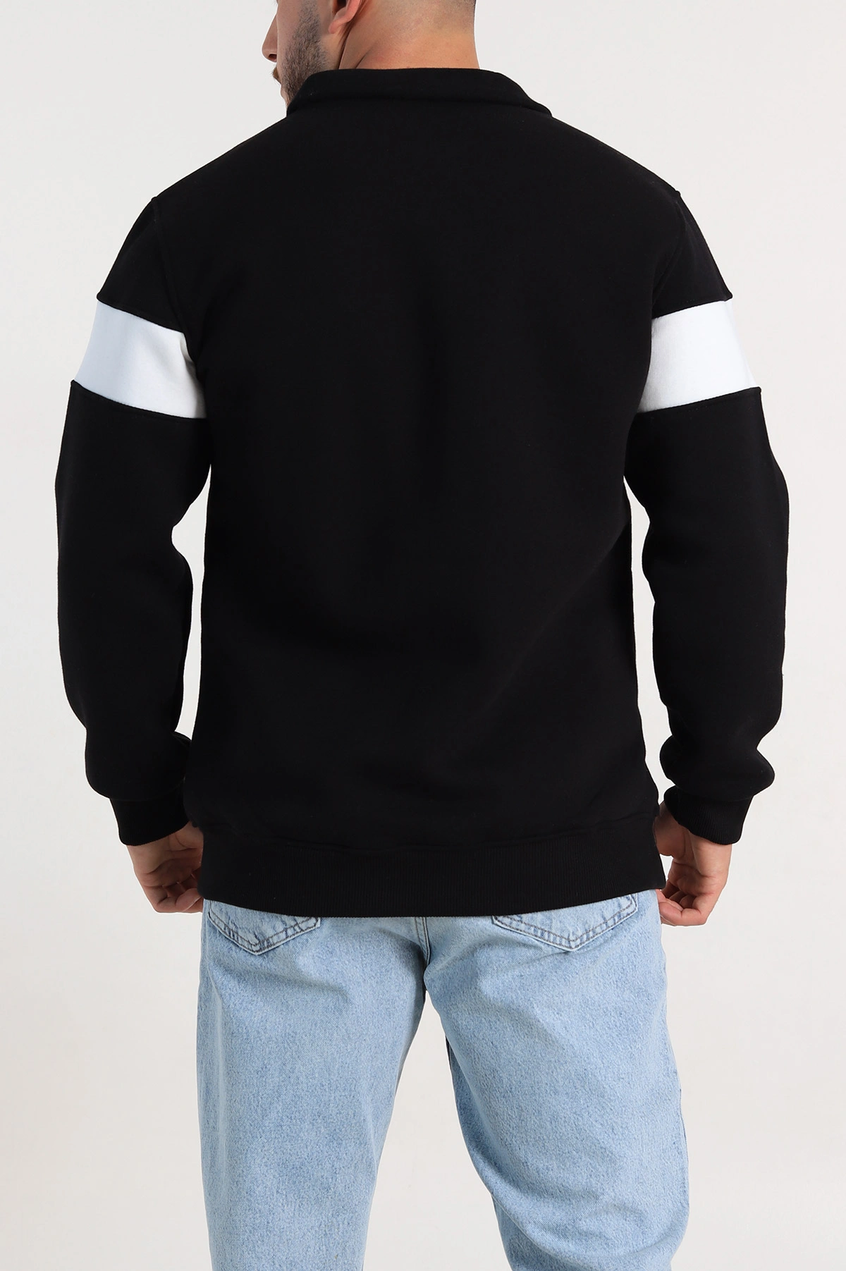 Siyah Regular Fit Üç İp Şardonlu Yazı Detay Yarım Fermuarlı Erkek Sweatshirt 308893