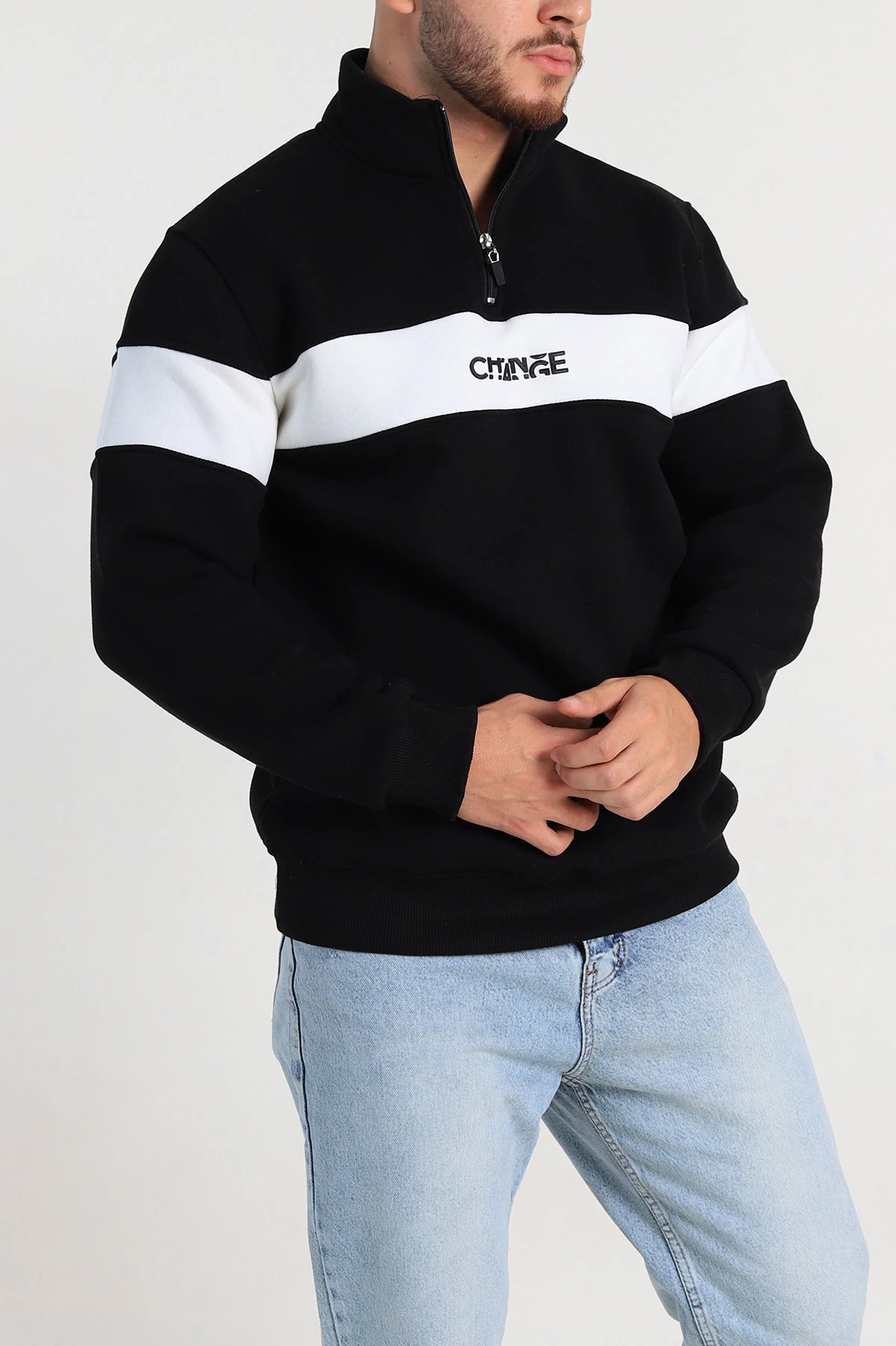 Siyah Regular Fit Üç İp Şardonlu Yazı Detay Yarım Fermuarlı Erkek Sweatshirt 308893