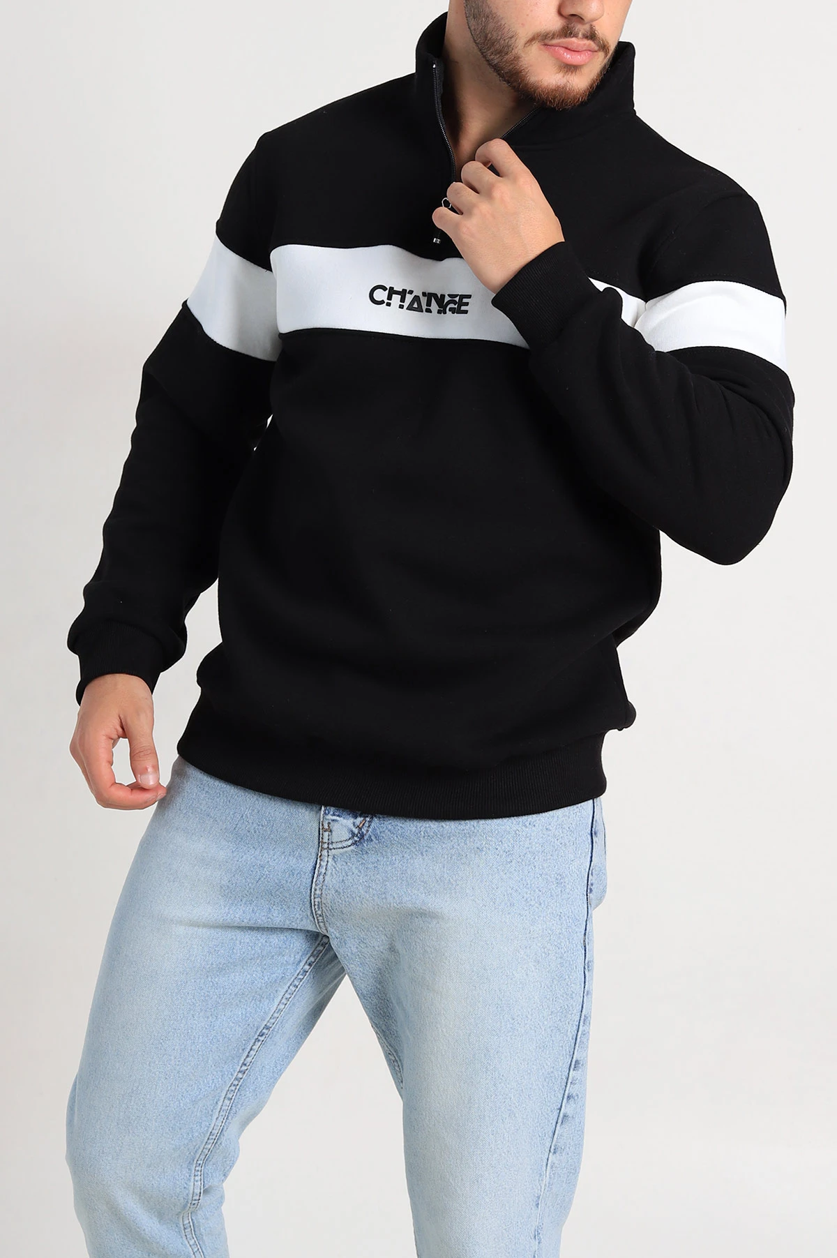Siyah Regular Fit Üç İp Şardonlu Yazı Detay Yarım Fermuarlı Erkek Sweatshirt 308893