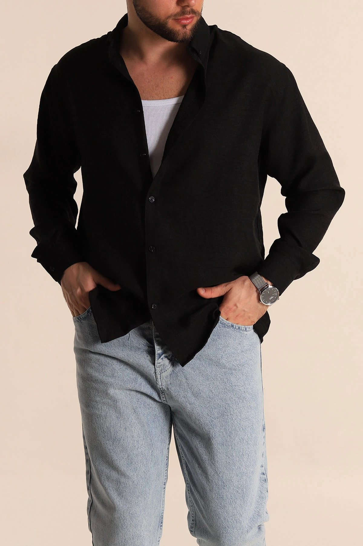 Siyah Regular Fit Uzun Kollu Keten Erkek Gömlek 275550