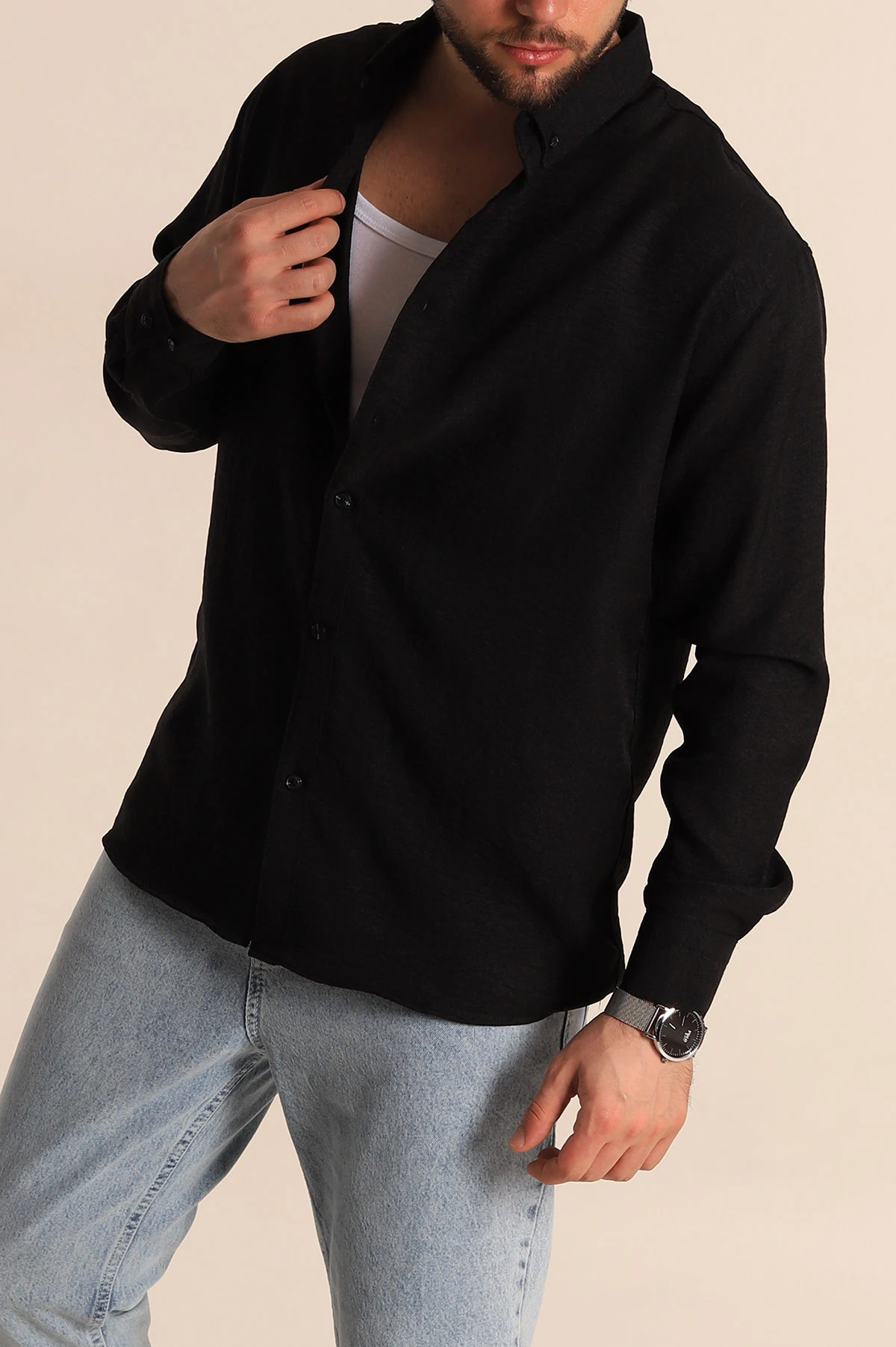 Siyah Regular Fit Uzun Kollu Keten Erkek Gömlek 275550