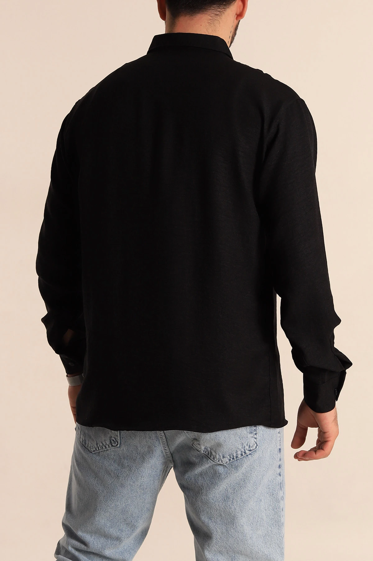 Siyah Regular Fit Uzun Kollu Keten Erkek Gömlek 275550